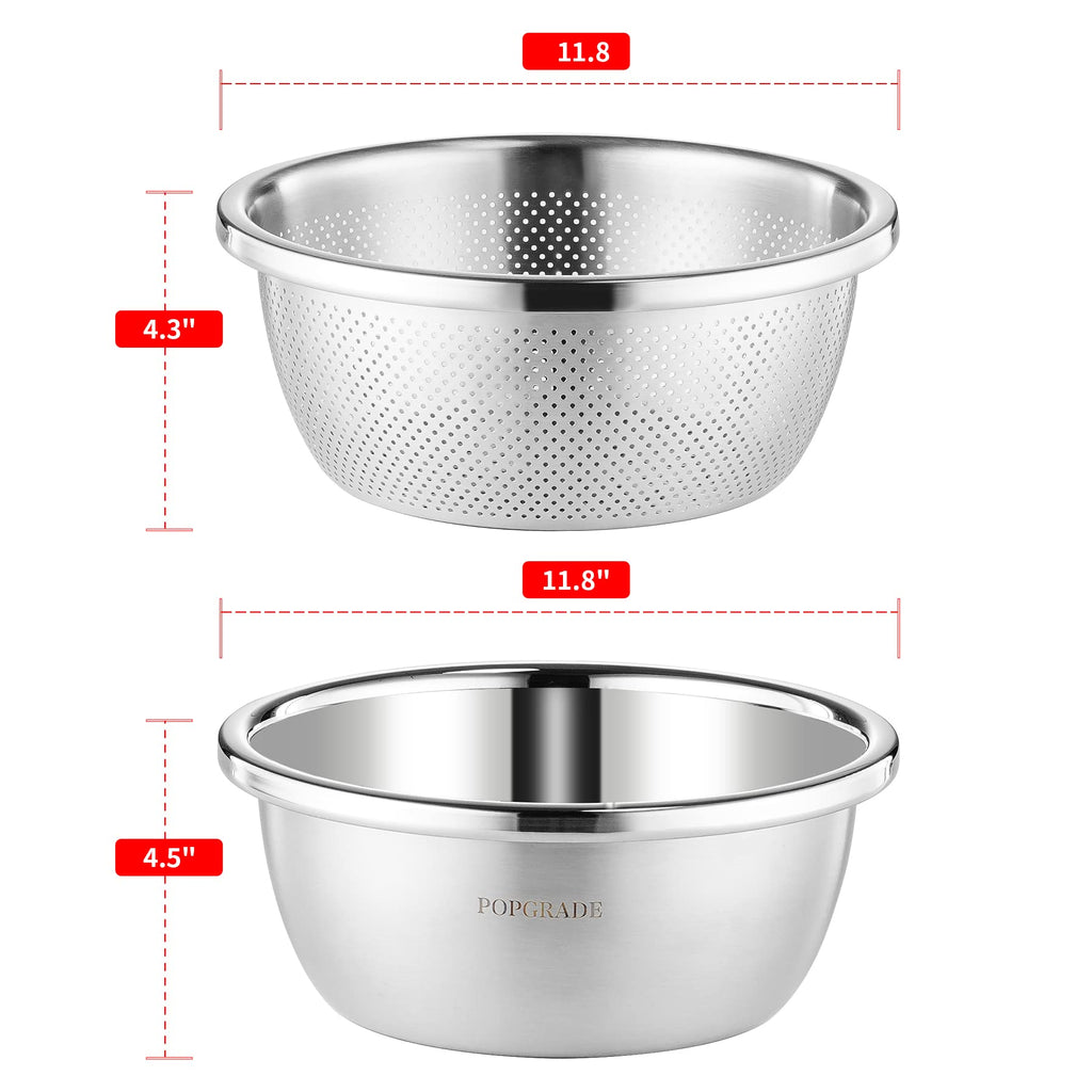 POPGRADE 304 Stainless Steel Colander with Bowl, 5-Qt Large Rice Washing Bowl Colander Food Strainers Set, Fruit Vegetable Washing Basket, Pasta Rice Rinser Strainer Washer (2pcs)