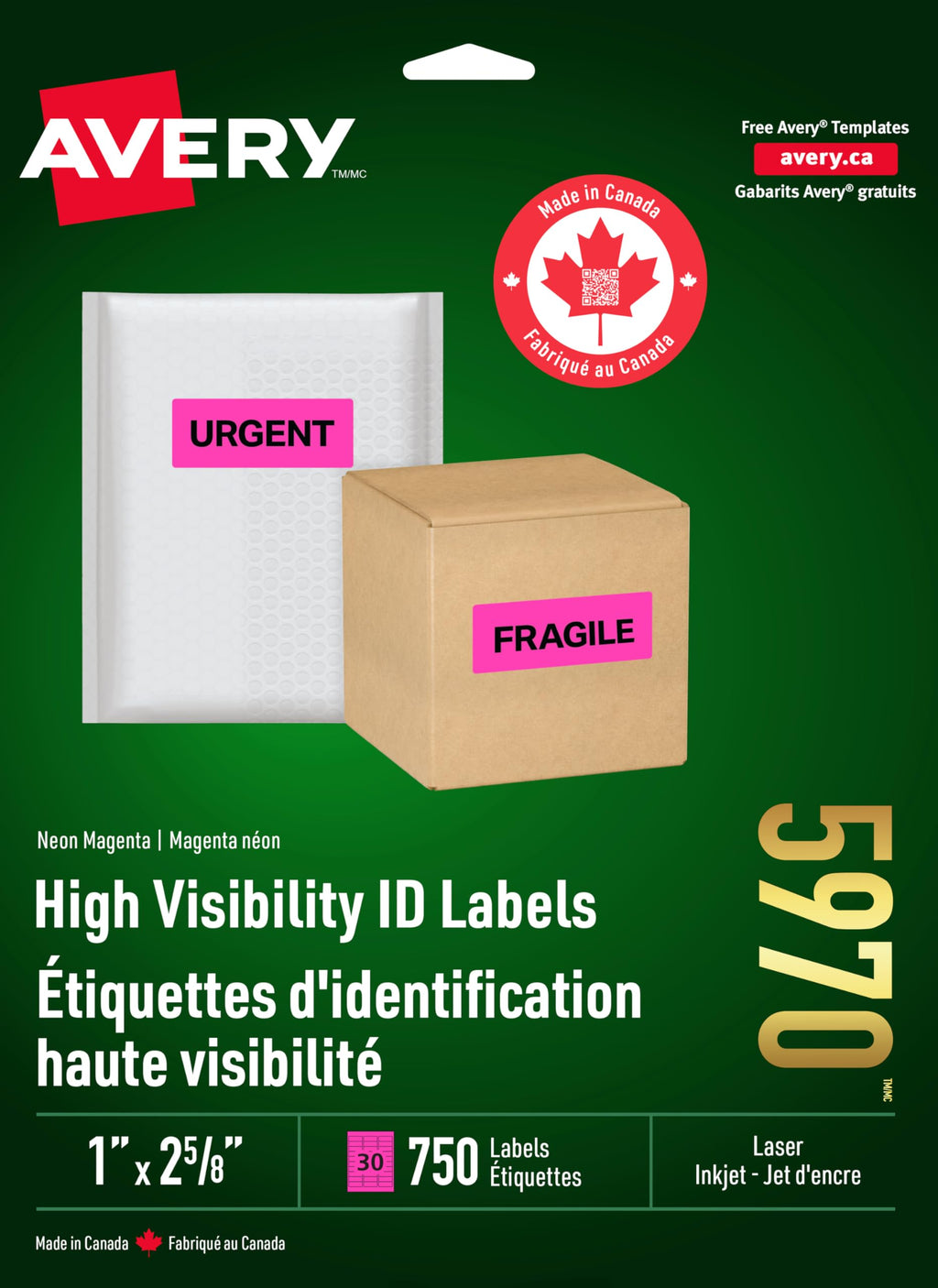 Avery Neon Labels, 1" x 2-5/8", Fluorescent Magenta, 750 Labels, Rectangle, Permanent (5970) Made in Canada