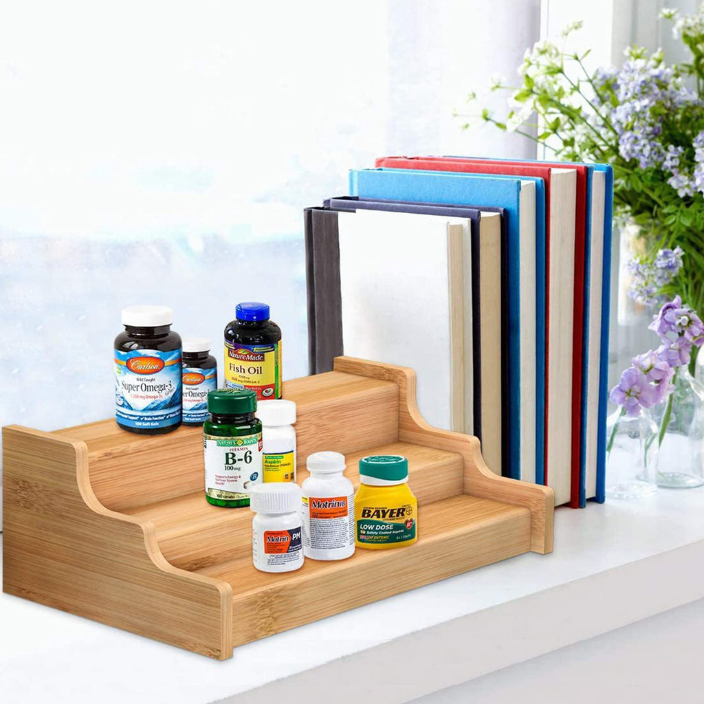 EATAKWARD Spice Rack Organizer, 3 Tier Expandable Spice Holder Kitchen Cabinet Spice Organizer Natural and Solid Bamboo Step Shelf Organizer SpiceTray Set for Cupboard, Countertop, Pantry