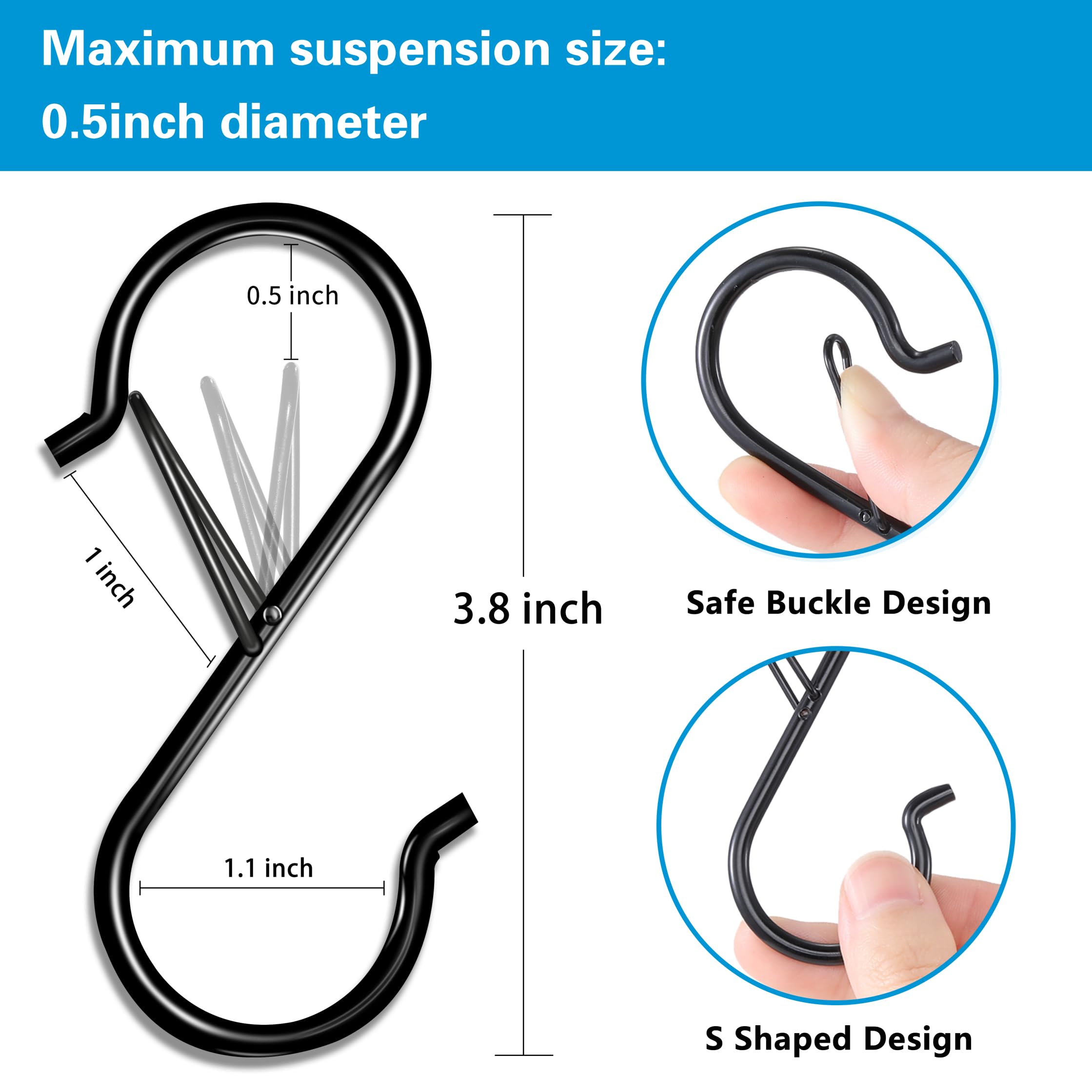 S Hooks with Safety Buckle, 35 Pack Metal S Shaped Hook for Hanging Plants,Pots, Closet, Kitchen Utensil, Clothes, Jeans Christmas Hanging Lights, 3.5 Inch Black