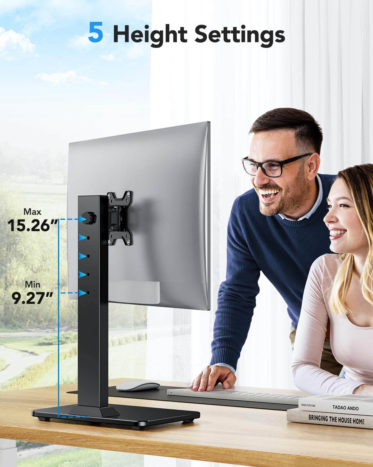 HUANUO Monitor Stand, Freestanding VESA Monitor Mount for 13″–34″ Screens up to 44 lbs, 5 Height Options, Swivel Desk Monitor Stand Riser with 360° Rotation, Tilt, 75x75mm/100x100mm VESA, HNTVS29