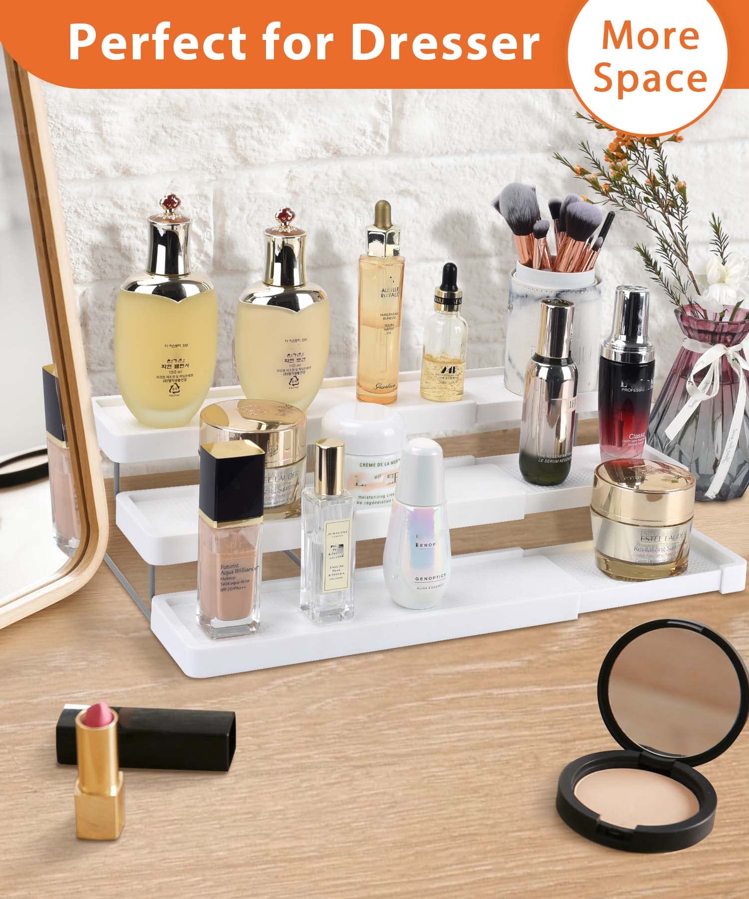 sunal Expandable Spice Rack with 3 Levels, Space-Saving Spice Rack Organisation for Kitchen Cabinets, Pantry or Worktops, Easy Visibility of the Spice Containers, White
