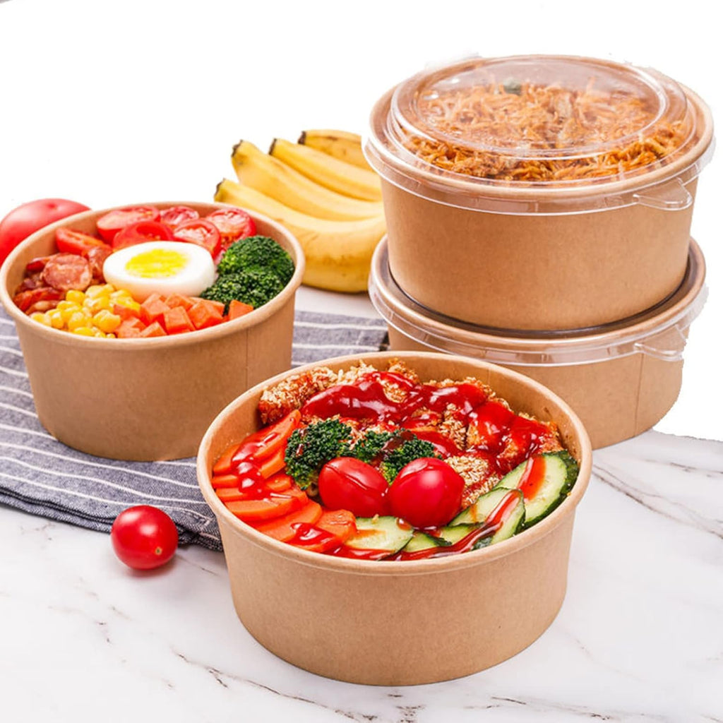 Lyellfe 50 Pack Kraft Paper Bowls with Lid, 25 Oz Disposable Soup Salad Serving Bowls, To Go Food Container for Party Dessert, Ice Cream, Yogurt, Microwave Freezer Safe