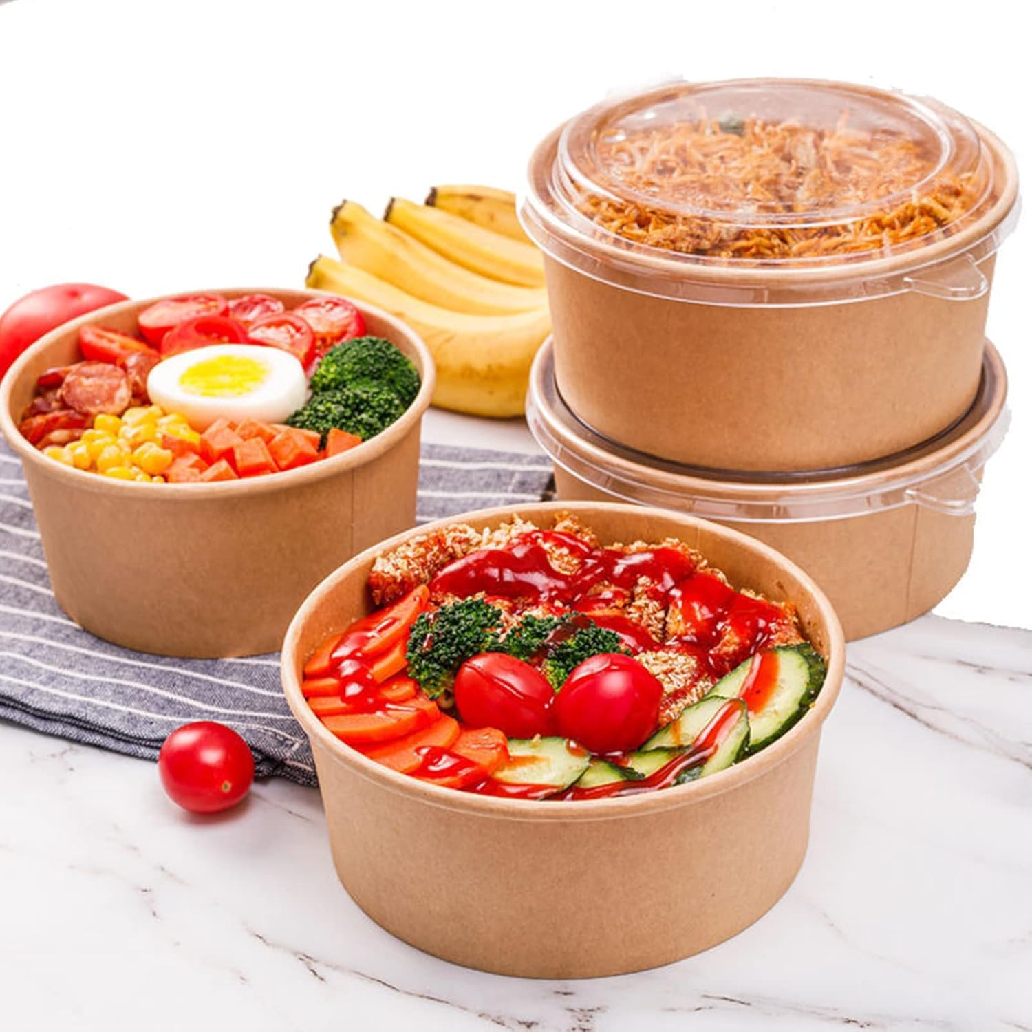 Lyellfe 50 Pack Kraft Paper Bowls with Lid, 25 Oz Disposable Soup Salad Serving Bowls, To Go Food Container for Party Dessert, Ice Cream, Yogurt, Microwave Freezer Safe