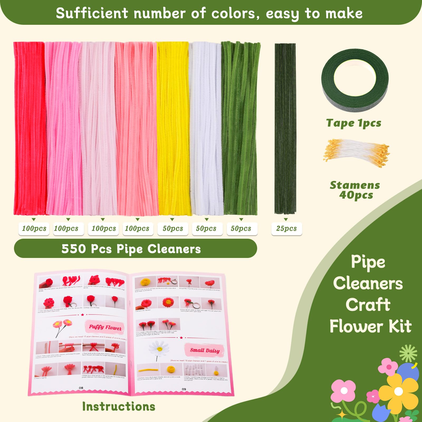 550 Pcs Pink Pipe Cleaner Flower Kit, 7 Colors Chenille Stems Pipe Cleaners Craft, Pipe Cleaner Bulk Flower Making Crafts Kit with Supplies, Instructions for Festival Home Decor