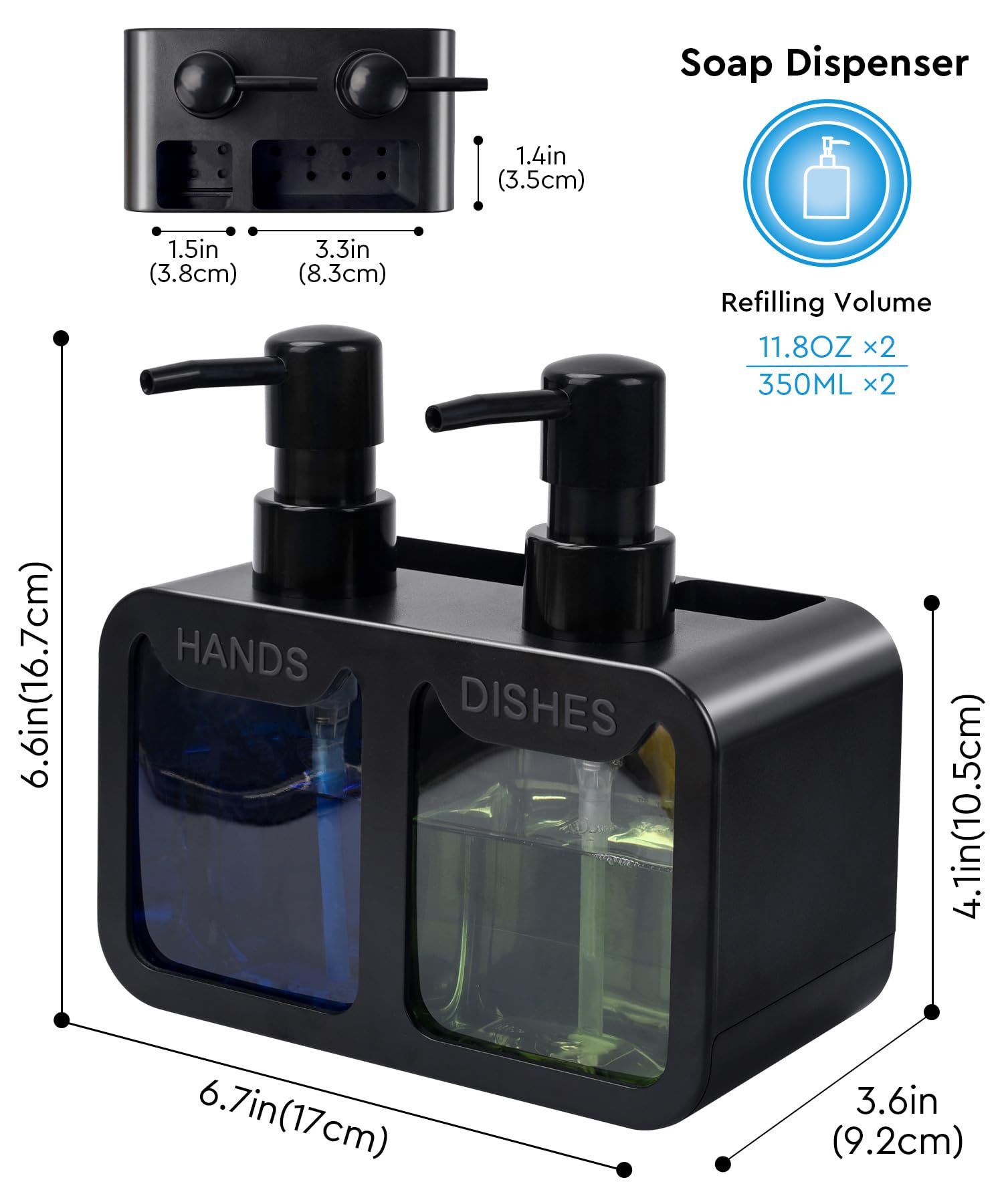 Kitchen Hand Soap and Dish Soap Dispenser Set, Dual Soap Dispenser with Sponge Caddy and Brush Holder 4-in-1 Organizer for Kitchen Sink Countertop, Useful Kitchen Gadgets - Black