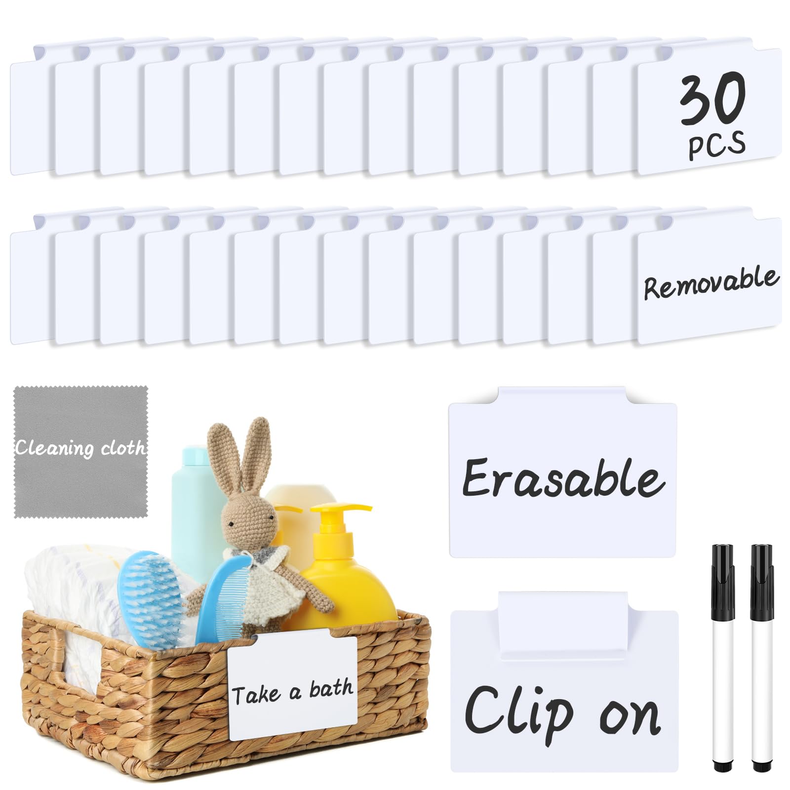 DANRONG 33PCS Basket Labels Clip On, 30 Labels for Storage Bins Removable with 2 Chalk Markers & 1 Wipe, Kitchen Pantry Label, Plastic Storage Bin Label, Label Holder, Basket Tags, Bin Clips (White)
