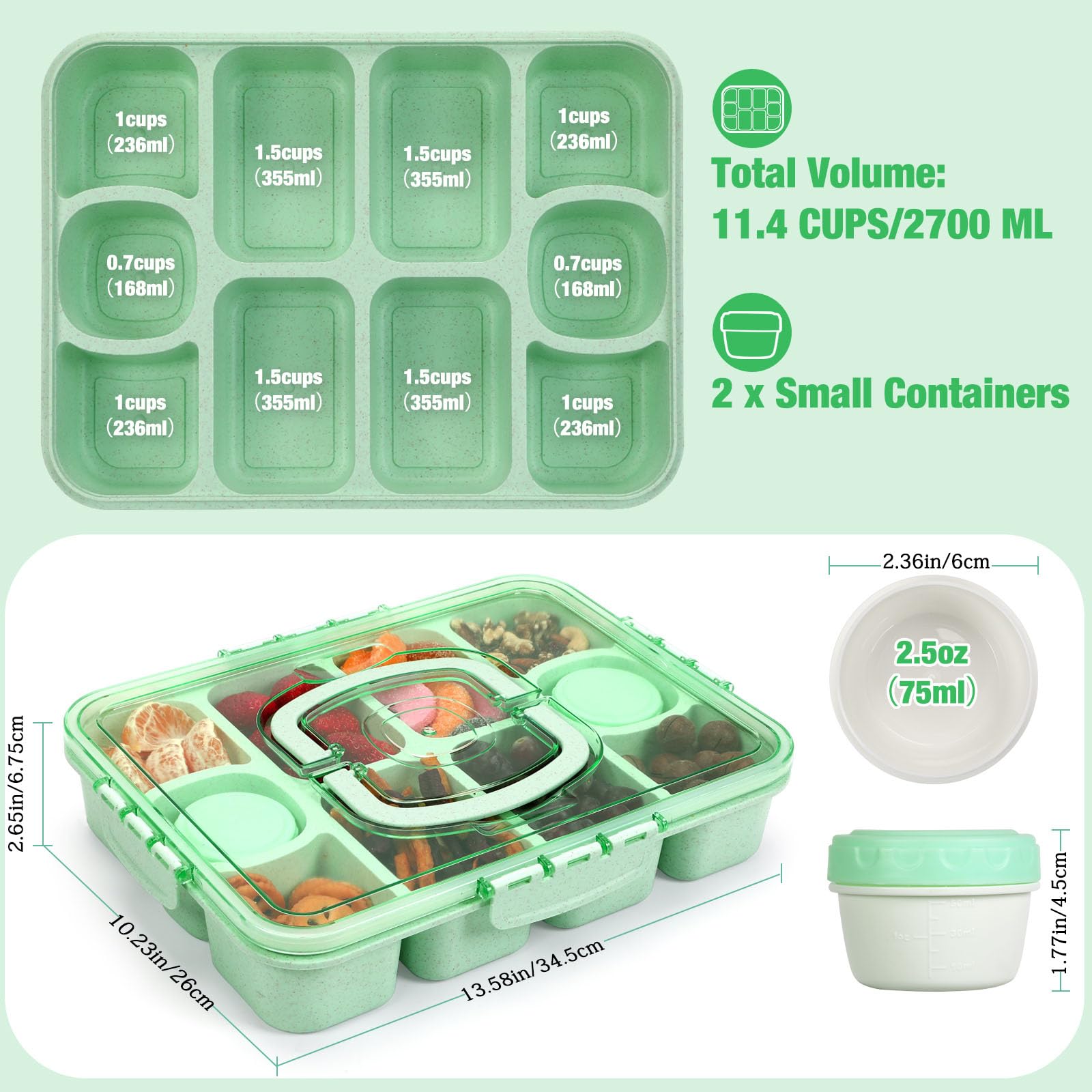 Caperci Large Snack Box Container - 10-Compartment Divided Serving Tray with Lid and Handle & 2 Dip Containers, Dishwasher Safe, Leak-Proof, Wheat Straw, BPA-Free (Green)