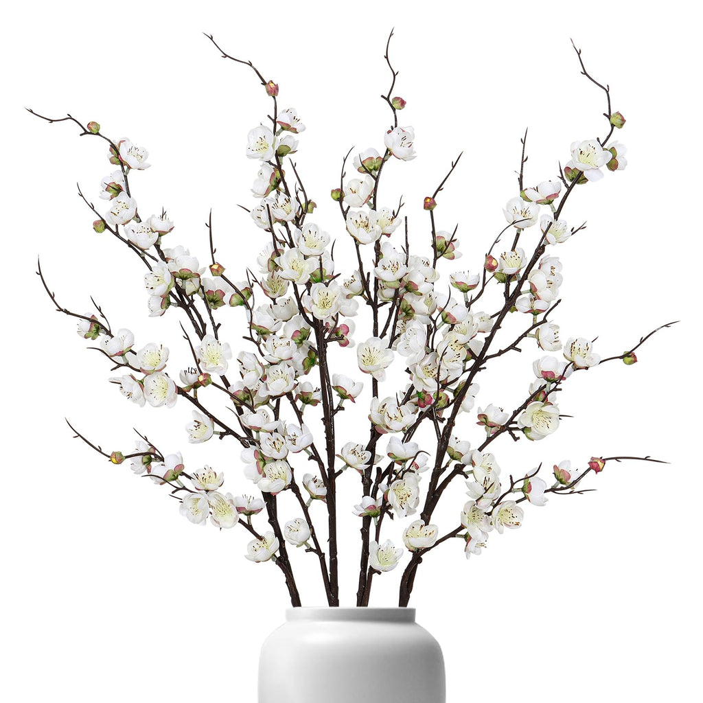 Betylifoy Artificial Plum Blossom Flowers 4Pcs Faux Silk Cherry Blossom 38" Long Stems Fake Plum Blossom Branches Artificial Silk Flower for Flowers Arrangement Wedding Home Table Decor (White, 4PCS)