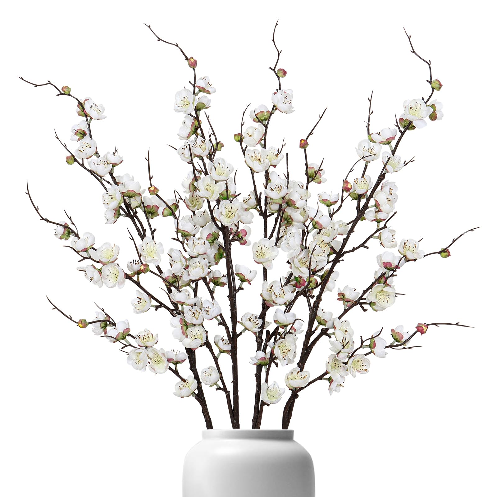 Betylifoy Artificial Plum Blossom Flowers 4Pcs Faux Silk Cherry Blossom 38" Long Stems Fake Plum Blossom Branches Artificial Silk Flower for Flowers Arrangement Wedding Home Table Decor (White, 4PCS)
