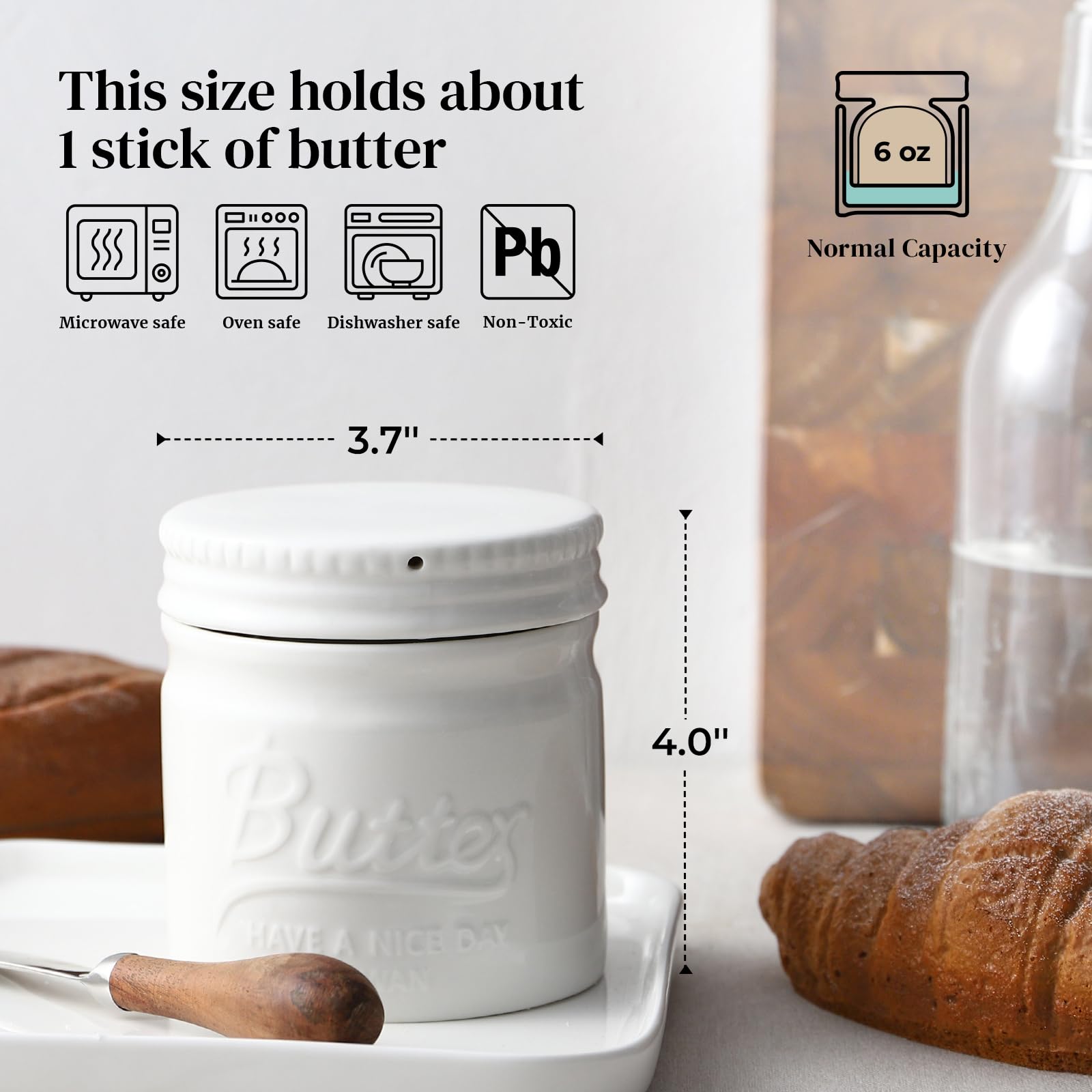 DOWAN Porcelain Butter Keeper Crock, French Butter Dish with Lid, Embossed Butter Container for Soft Butter, Big Capacity & Humanized Water Line, White