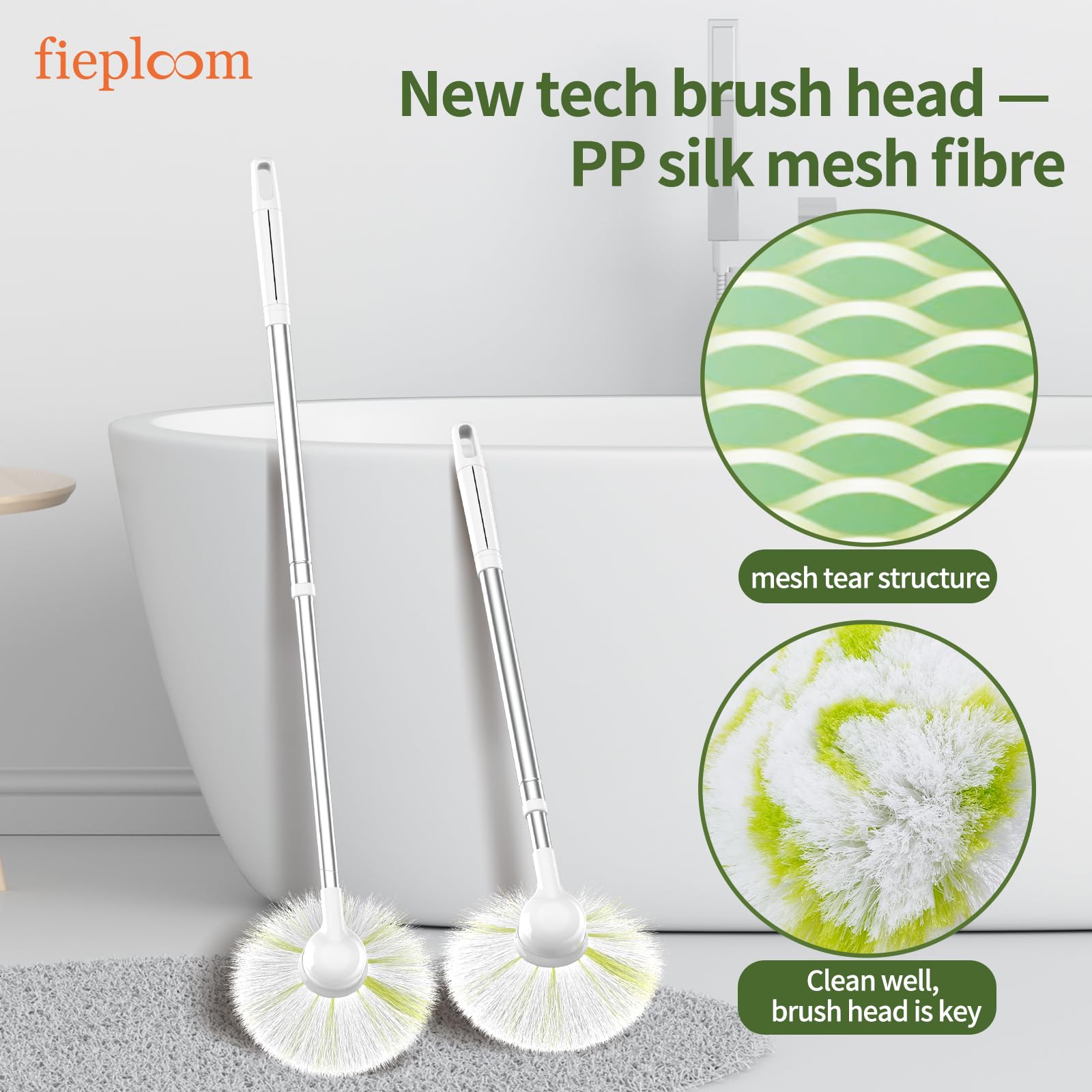 Fieploom Tub Tile Scrubber Brush with 28" Extendable Pole, 2 Pcs Non-Scratch Soft Tub Brush Mop, Bathroom Brush with Long Handle for Bathtub Shower Sink Basin Tile Wall