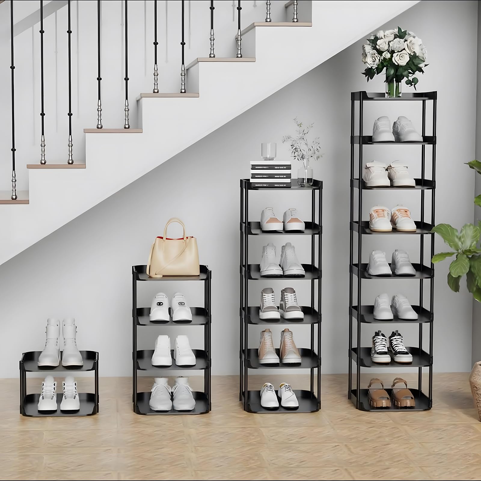 Altdnmaf 6 Tier Vertical Narrow Shoe Rack, Stackable Tall Skinny Shoerack, Compact Single Shoes Storage Tower for Slim Space, Corner Plastic Shelves, for Hallways, Entryway, Bedrooms Organizer, Black