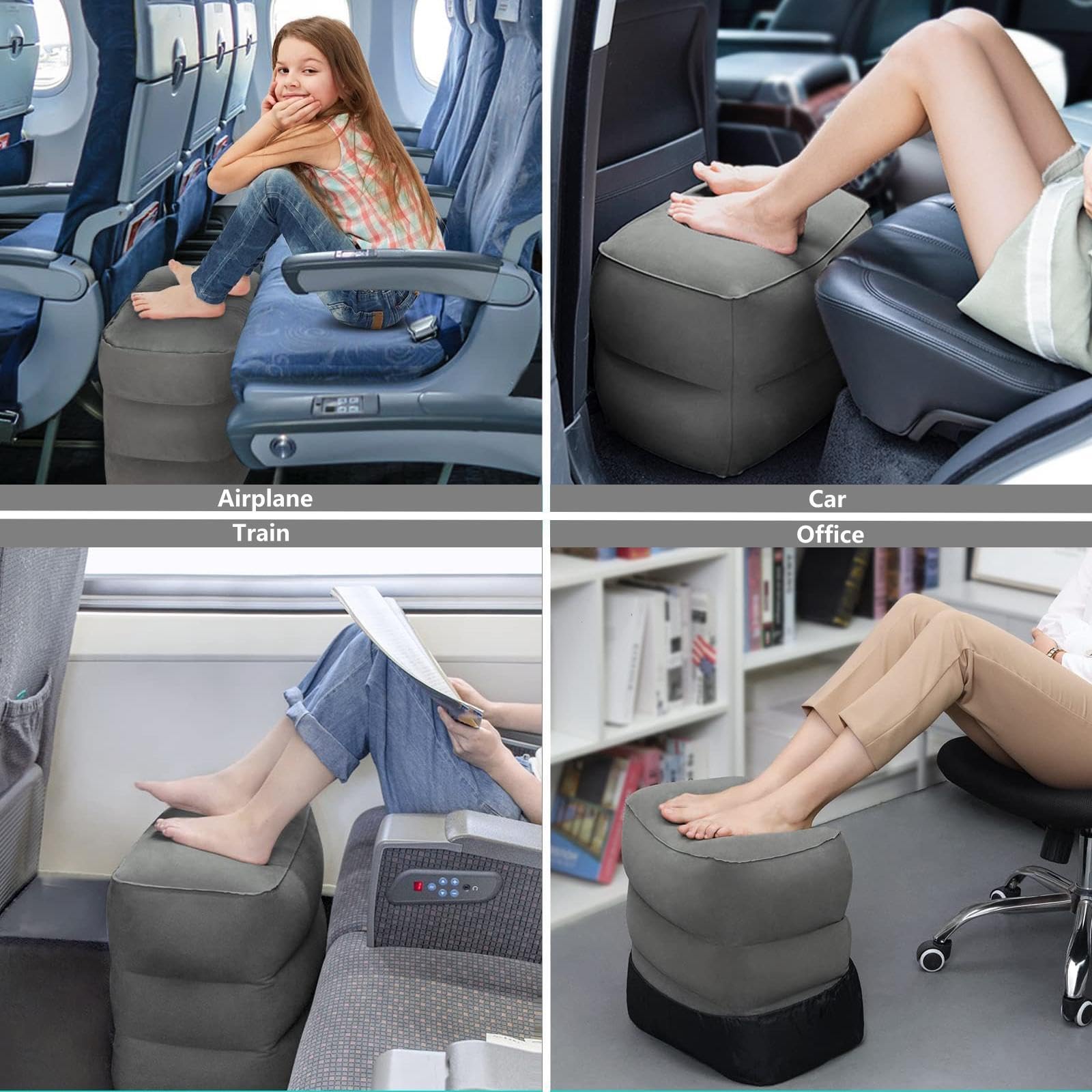 PEACESUN Inflatable Travel Foot Rest Pillow, Kids Airplane Bed, Office Footrests , Adjustable 3 Layers Height Leg Rest Pillow, Adults Travel Essentials Great for Airplane, Office, Home, Trains, Cars (With Pump)