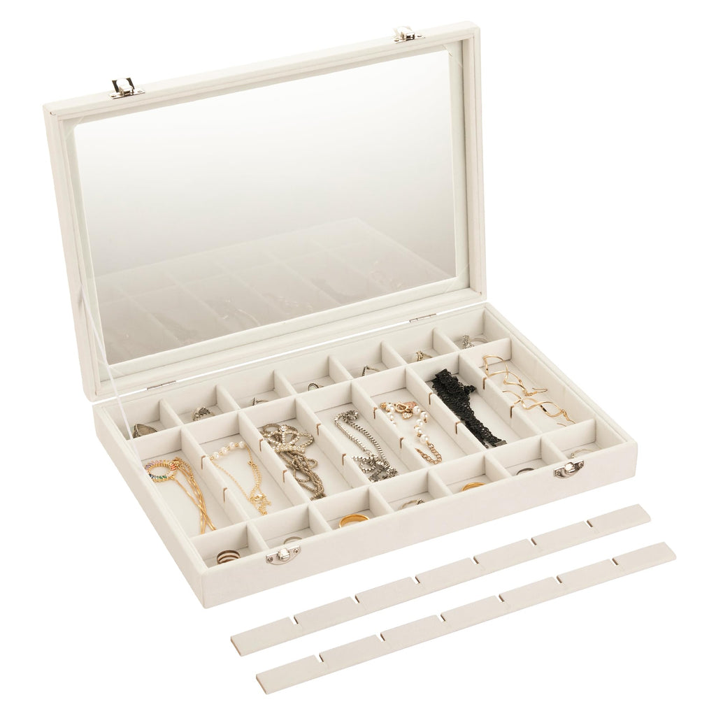 Frebeauty Velvet Jewelry Tray 35 Grid Jewelry Organizer with Clear Lid Transparent Earring Organizer Holder Case with Clasp Drawer Insert for Rings Studs Gift for Women Girls(Beige 35 Grid)