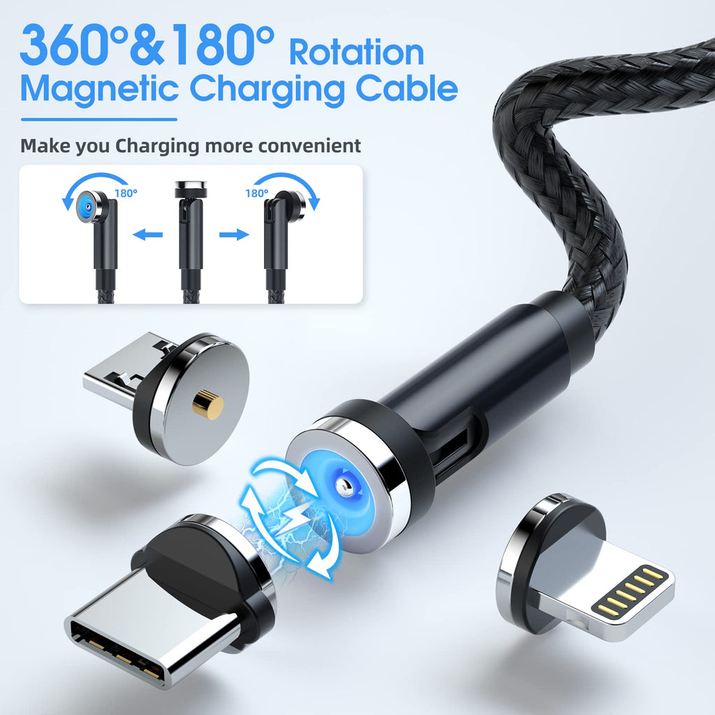 Magnetic Charging Cable, 540° Rotating Phone Charger [6-Pack, 3ft/3ft/3ft/6ft/6ft/10ft] 3 in 1 USB Cable Nylon Braided for iProduct/Micro USB/Type C Device