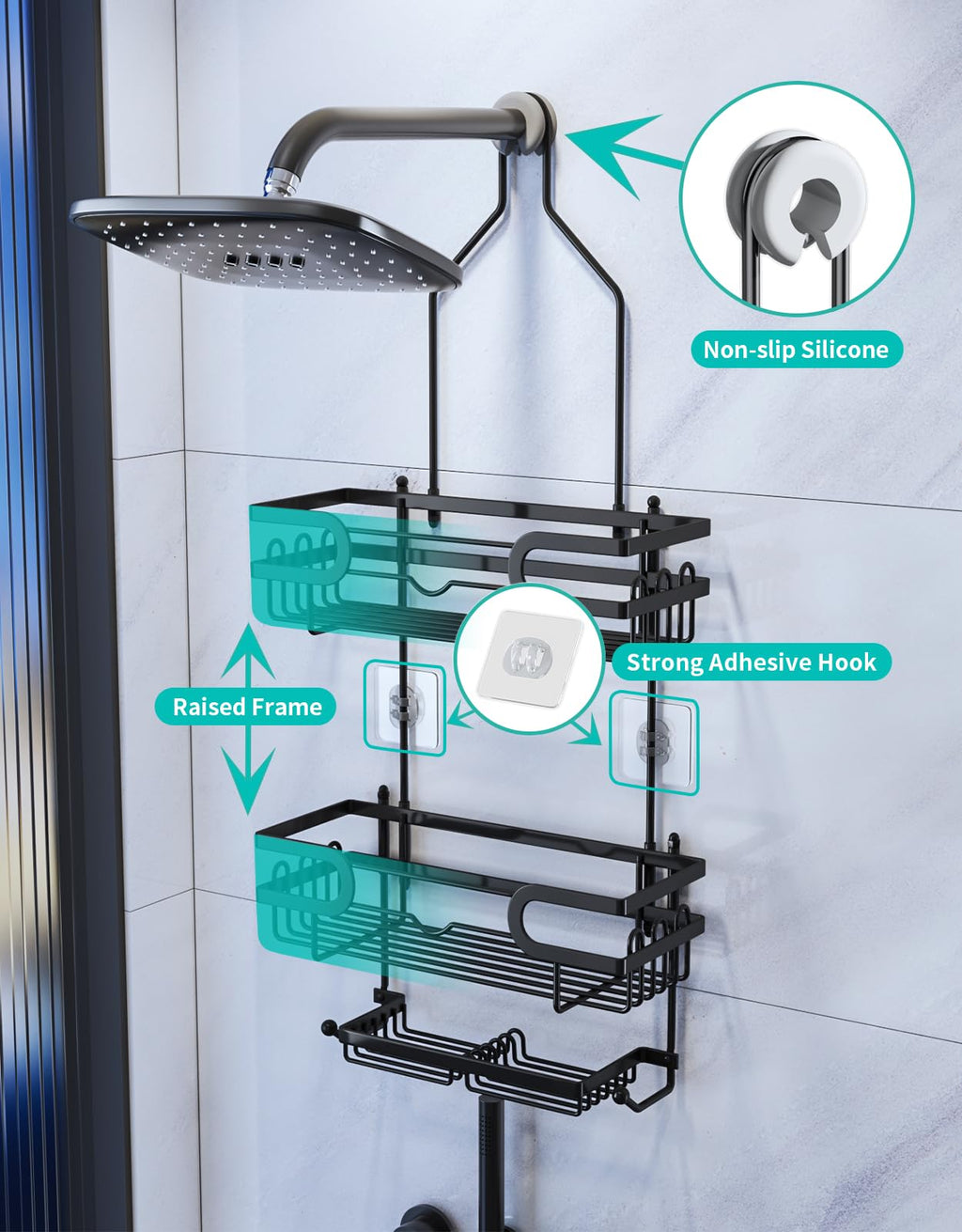 HapiRm Shower Caddy Hanging No Drilling, 3 Tier Over Head Shower Shelves, Shower Organizer Hanging with 2 Soap Holder & 12 Hooks, Bathroom Shelf for Shampoo, Soap, 12.6 x 4.7 x 28.3in