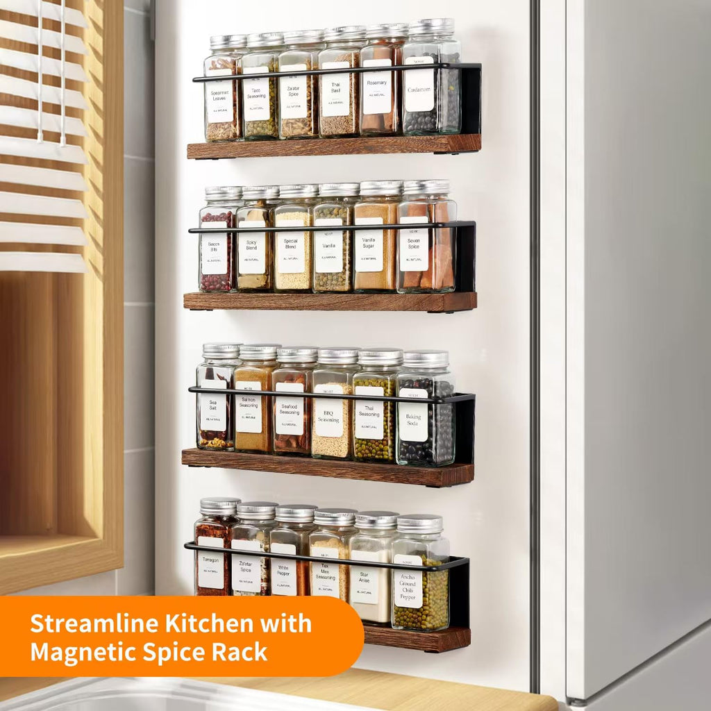 KitHero Magnetic Spice Rack Organizer with 12 Jars, 216 Labels, 1 Steel Funnel for Refrigerator，Microwave Oven - Full Set of Seasoning Organizer, Kitchen Gadgets