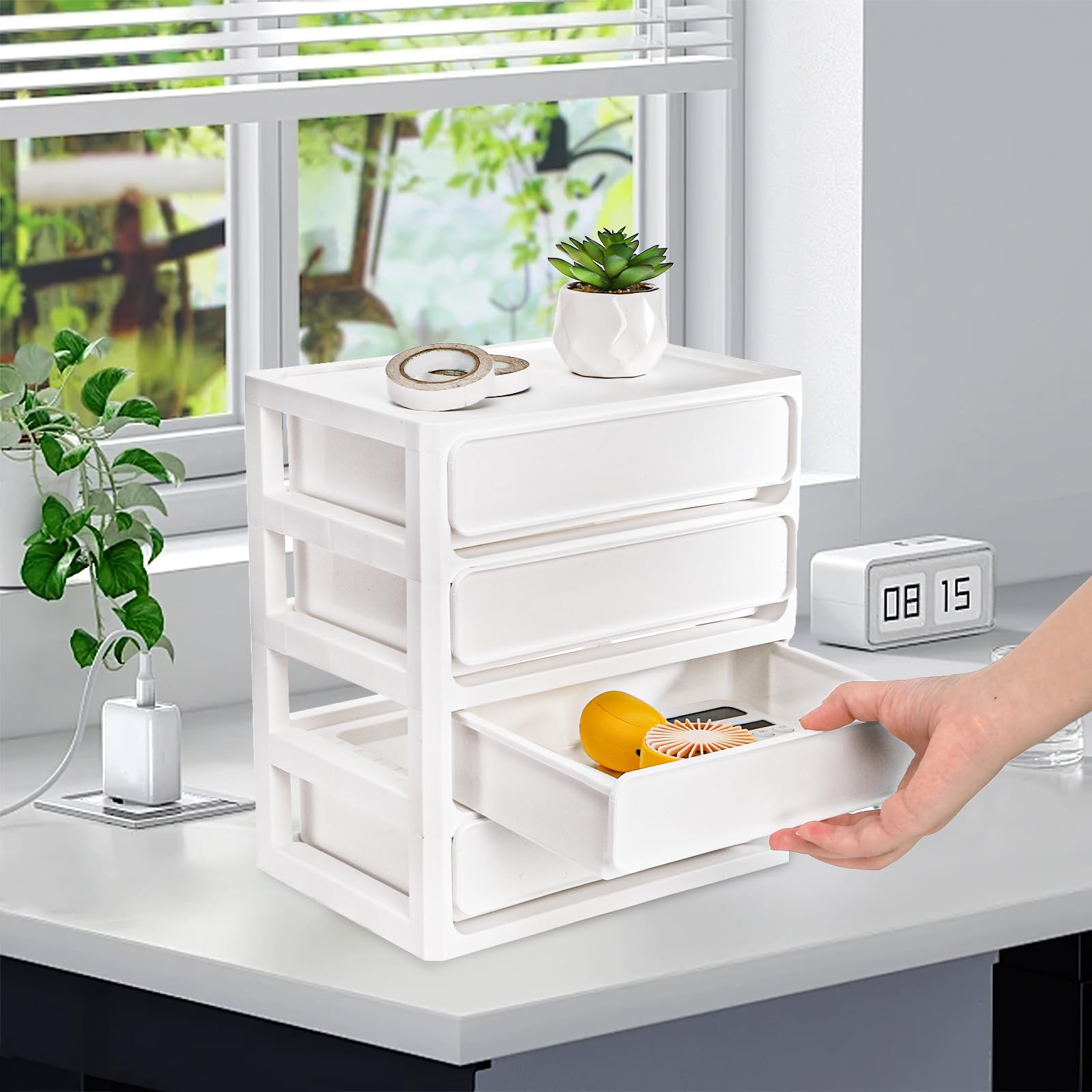 Covzoe 4 Drawer Desktop Storage Unit, 4 Layer Plastic Stacking Tabletop Organizer, White Storage Bin Container with Sliding Drawers, Desk Stationery Organizer Box for Home Classroom Office
