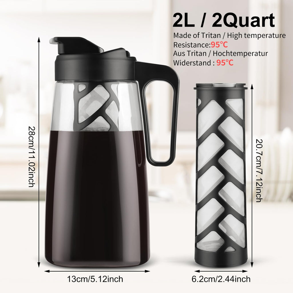 Sivaphe Large Ice Cold Coffee Maker 2 Quart, Dishwasher Safty Traitan Carafe Pitcher Leak Proof, Reusable Filter 64 oz Iced Coffee Tea Method Brewer
