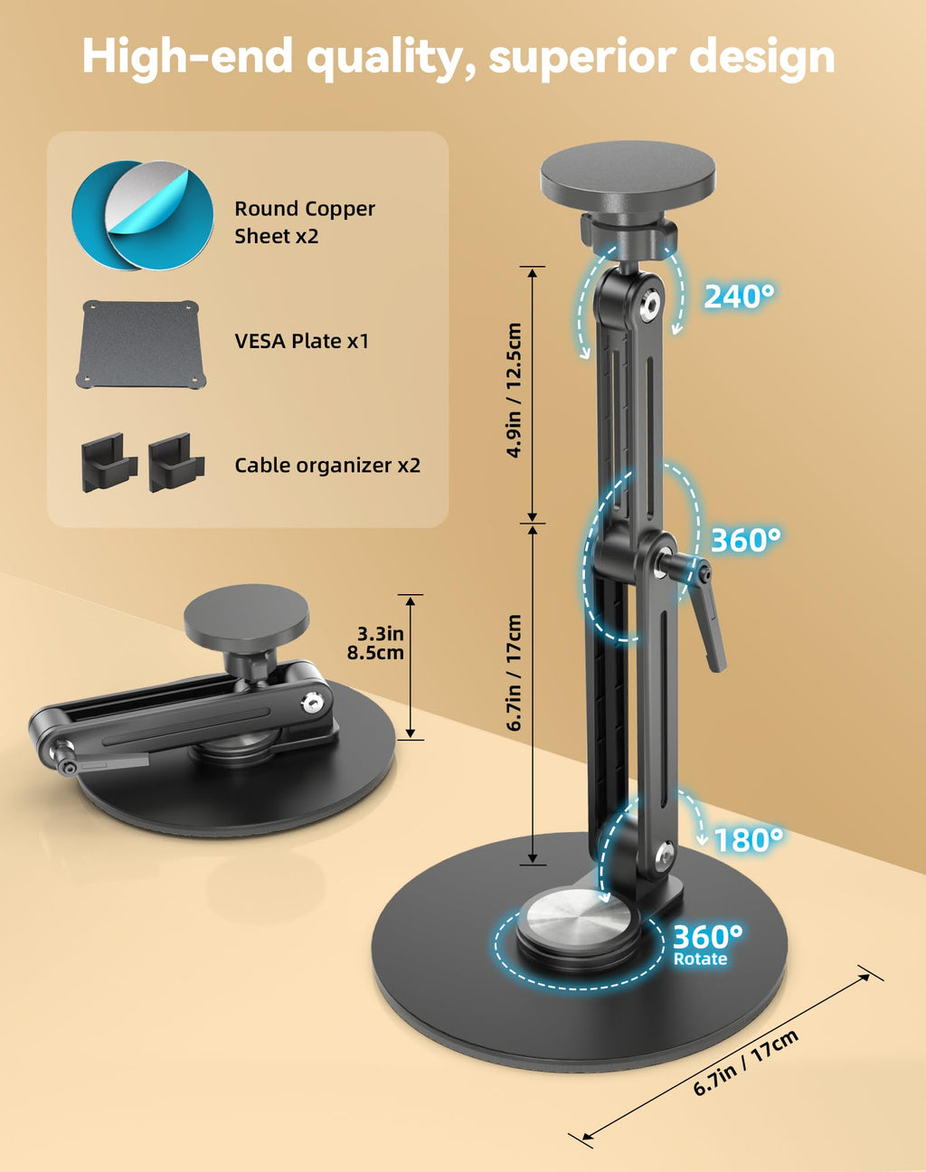 Jakeko Magnetic Portable Monitor Stand 15.6" - up to 16" 18.5" 22 inch Tablet Holder for iPad VESA Mount 75mm for Desk Adjustable Foldable 360° Swivel
