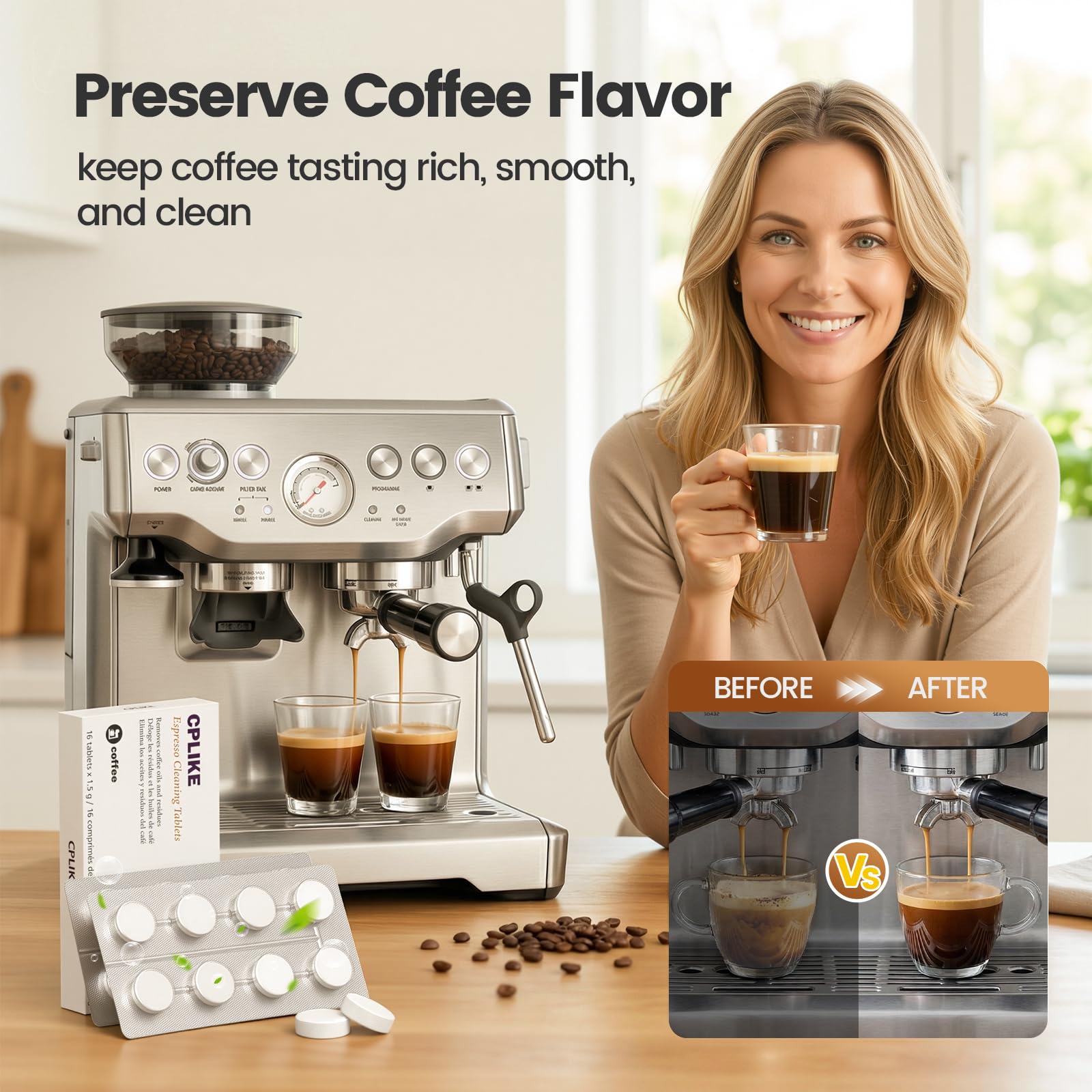 Espresso Cleaning Tablets Compatible with Breville Espresso Coffee Machine, 16 Count BREBEC250 Descaling Tablets