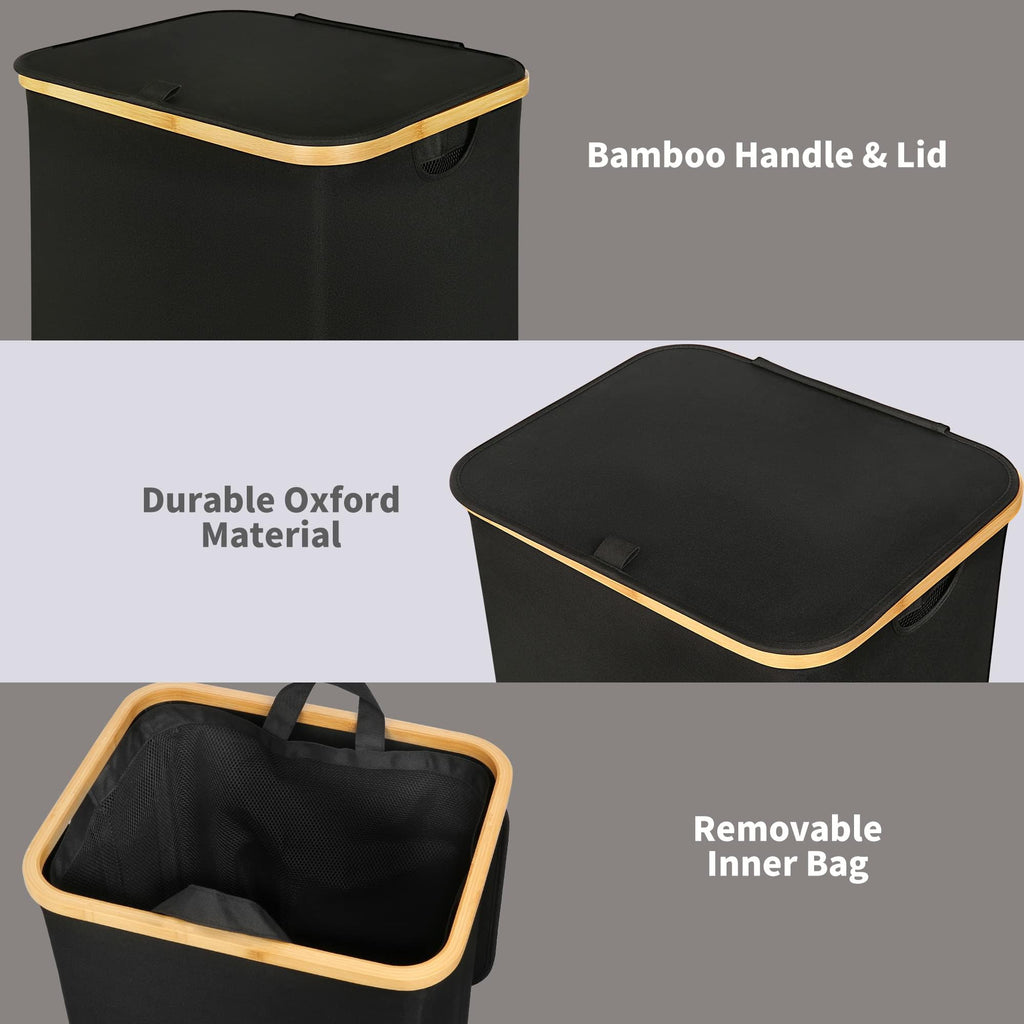 efluky Laundry Hamper with Lid, 100L Tall Laundry Basket with Bamboo Handles for Clothes, Collapsible Laundry Hamper with Inner Bag for Bedroom and Bathroom, Black