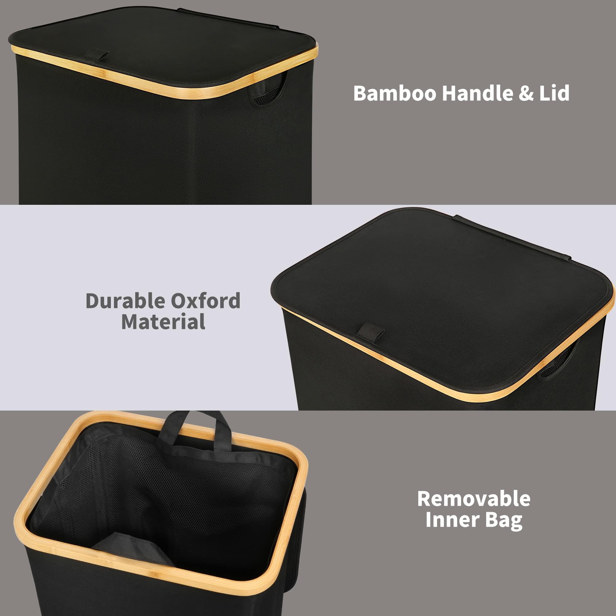 efluky Laundry Hamper with Lid, 100L Tall Laundry Basket with Bamboo Handles for Clothes, Collapsible Laundry Hamper with Inner Bag for Bedroom and Bathroom, Black