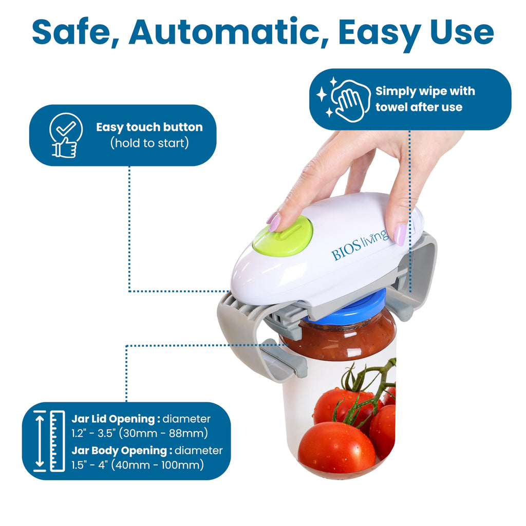 BIOS Living Electric Jar Opener – Automatic Hands-Free Jar Opener for Stubborn Lids, One-Touch Operation, Battery Powered