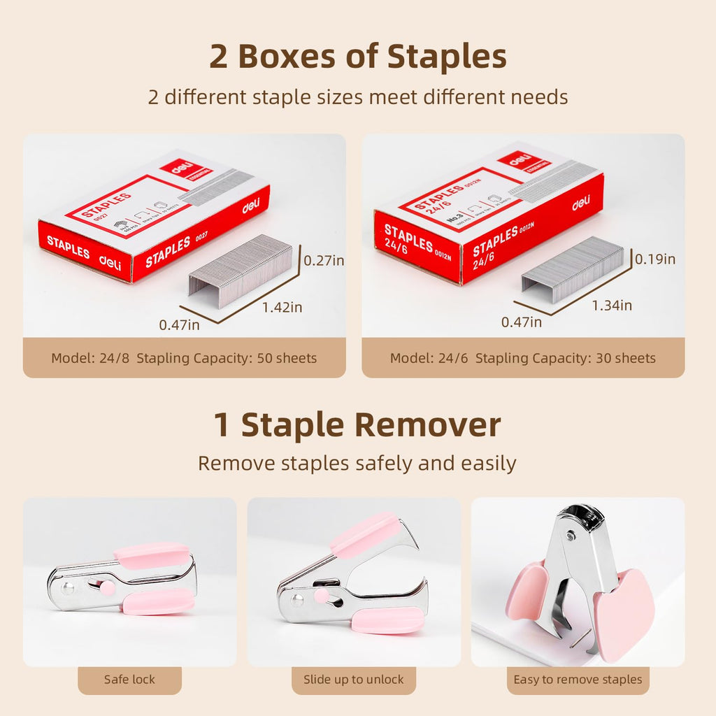 Deli Effortless Desktop Stapler, Heavy Duty Stapler, 40 Sheet Capacity, One Finger, No Effort, Includes Staples & Staple Remover, Pink