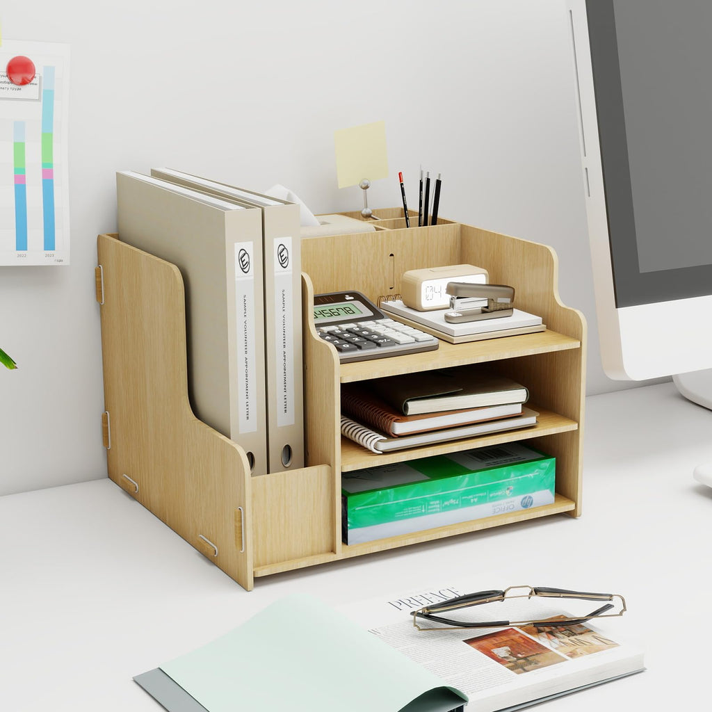 PUNCIA 3-Tier Desktop File Organizer Multifunctional File Rack with Horizontal File Sorter A4 Letter Paper Tray Organizers & 2 Pen Holders Mail Document Magazine File Holder for Desk Office Supplies