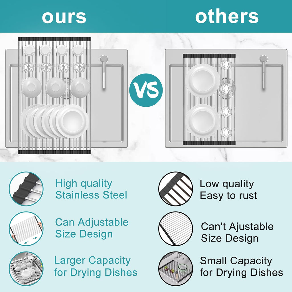 BBXTYLY Extra Large Expandable Roll Up Dish Drying Rack,Over The Sink Drying Rack Sink Cover Kitchen Sink Accessories Kitchen Rolling up Stainless Steel Drainer, Foldable,Rollable（Black，22.8''-12.4''）