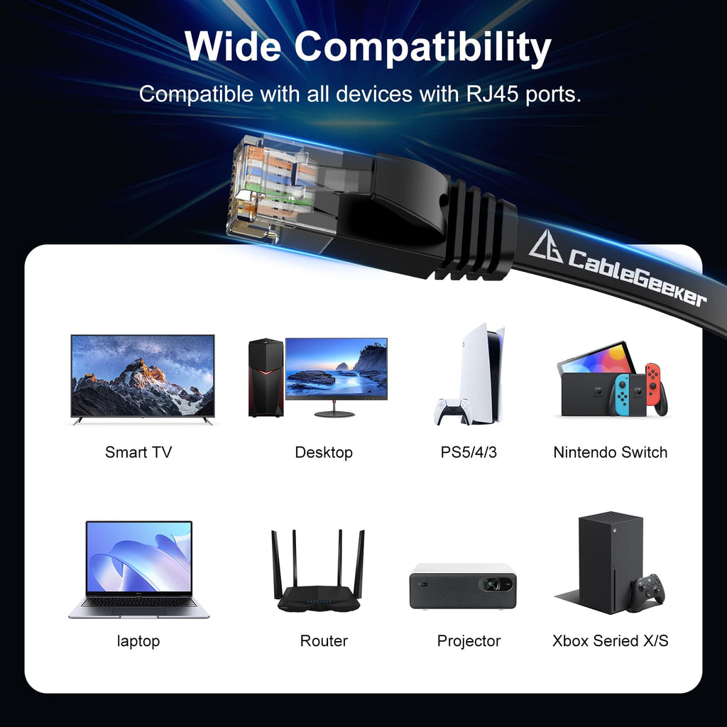 Cat 6 Ethernet Cable Black (at a Cat5e Price but Higher Bandwidth) Cat6 Flat Internet Network Cables - Ethernet Patch Cable - Short Computer LAN Cable with Snagless RJ45 Connectors (100ft)