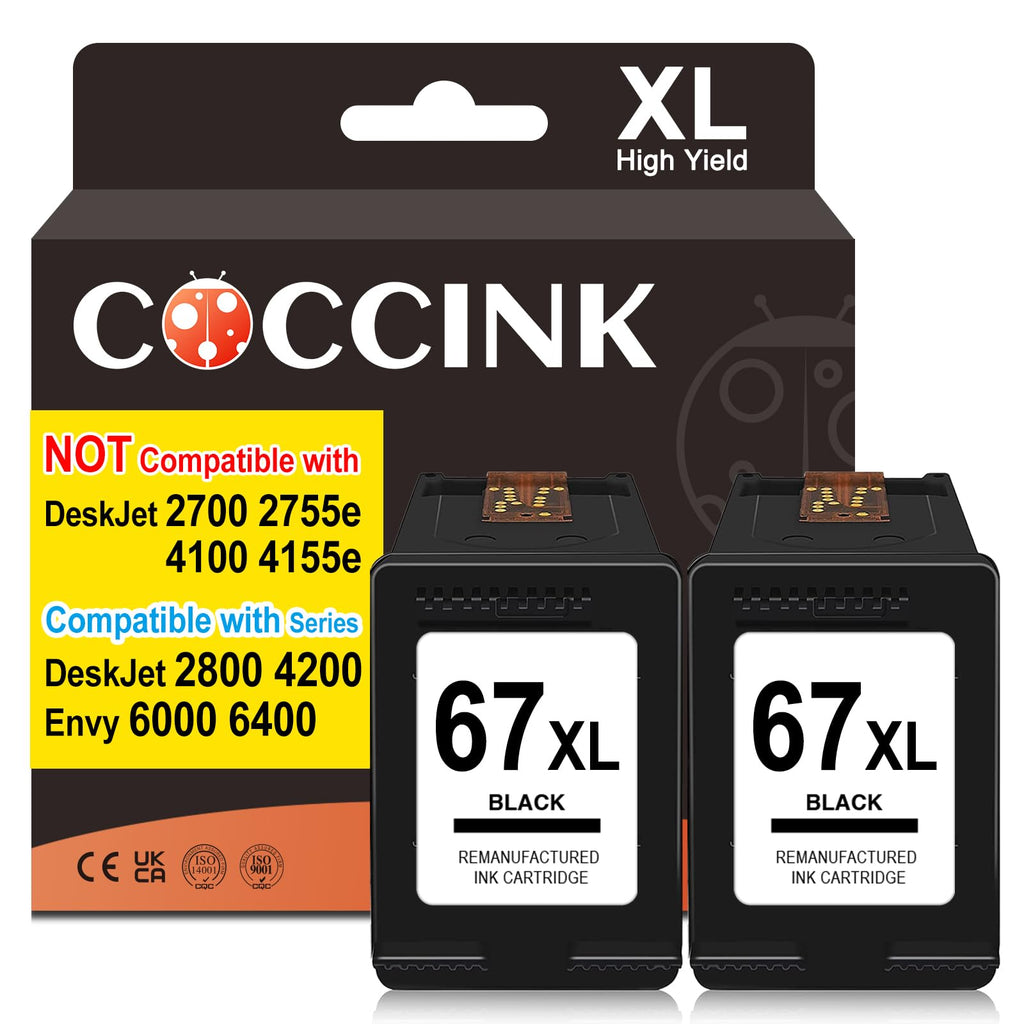 COCCINK 67XL 67XL for HP Ink Cartridges Black for Deskjet 2842e 2855e 2855 2800e 2827e 2852e 4200e 4255e 4252e Envy 6000 6055e 6400 6455e Printers for HP 67 Black HP 67XL Printer Ink Black (2 Black)