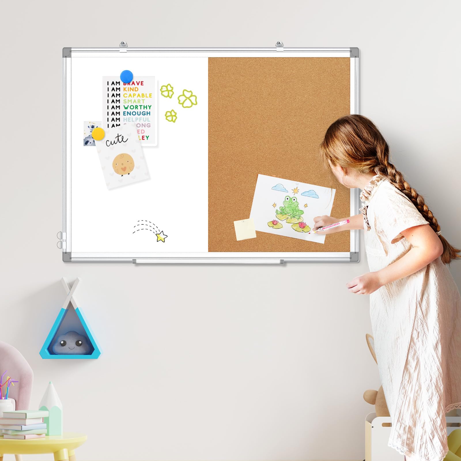 AMUSIGHT Double-Sided Combination Magnetic White Board & Cork Board, 24" x 18" Dry Erase Board & Cork Board Combo for Wall, Hanging Whiteboard for Planning, Kitchen, Memo, School, Home, Office