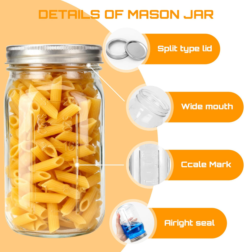 Wide Mouth Mason Jars 32 oz with Lids 6 Pack,Clear Glass Jars for food Storage, Canning, Pickling, Dry Goods,Snacks, Candies