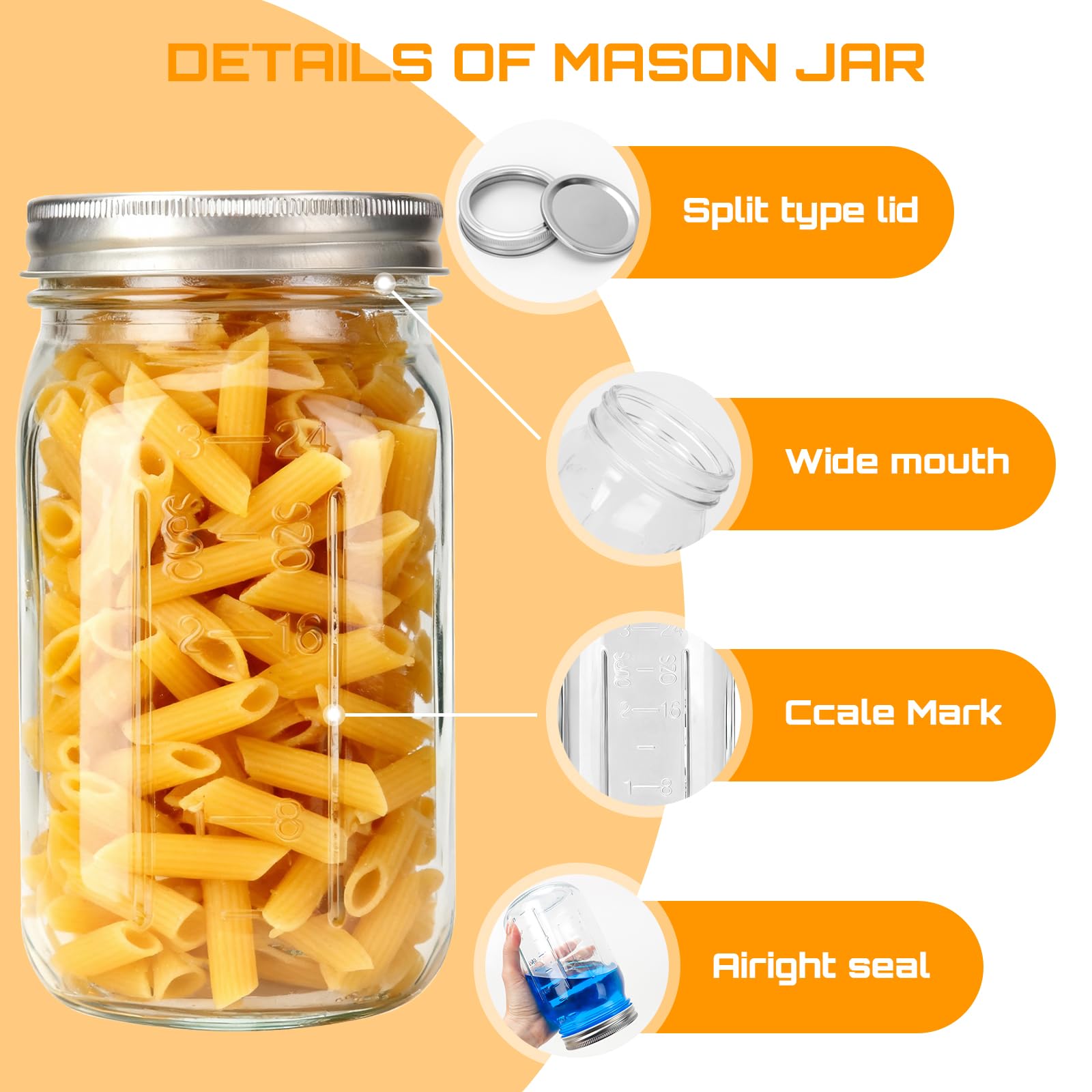 Wide Mouth Mason Jars 32 oz with Lids 6 Pack,Clear Glass Jars for food Storage, Canning, Pickling, Dry Goods,Snacks, Candies