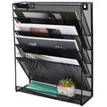 EASEPRES Mesh Hanging Wall File Holder Organizer Storage 6-Tier Black Paper Clipboard Rack Vertical Metal Wall Mounted Files Holder Organization for Office Home School, Black