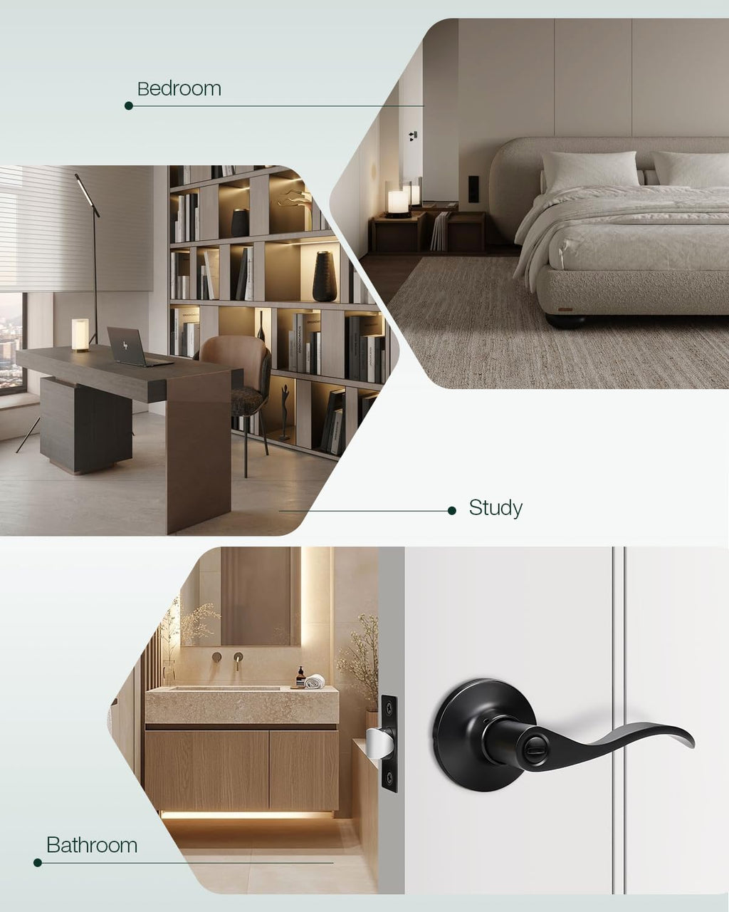 GOBEKOR 1 Pack Interior Privacy Door Handle with Lock Matte Black Door Lever for Bathroom and Bedroom Wave Style Door Handle Indoor Matte Black Reversible Keyless Turn Lock