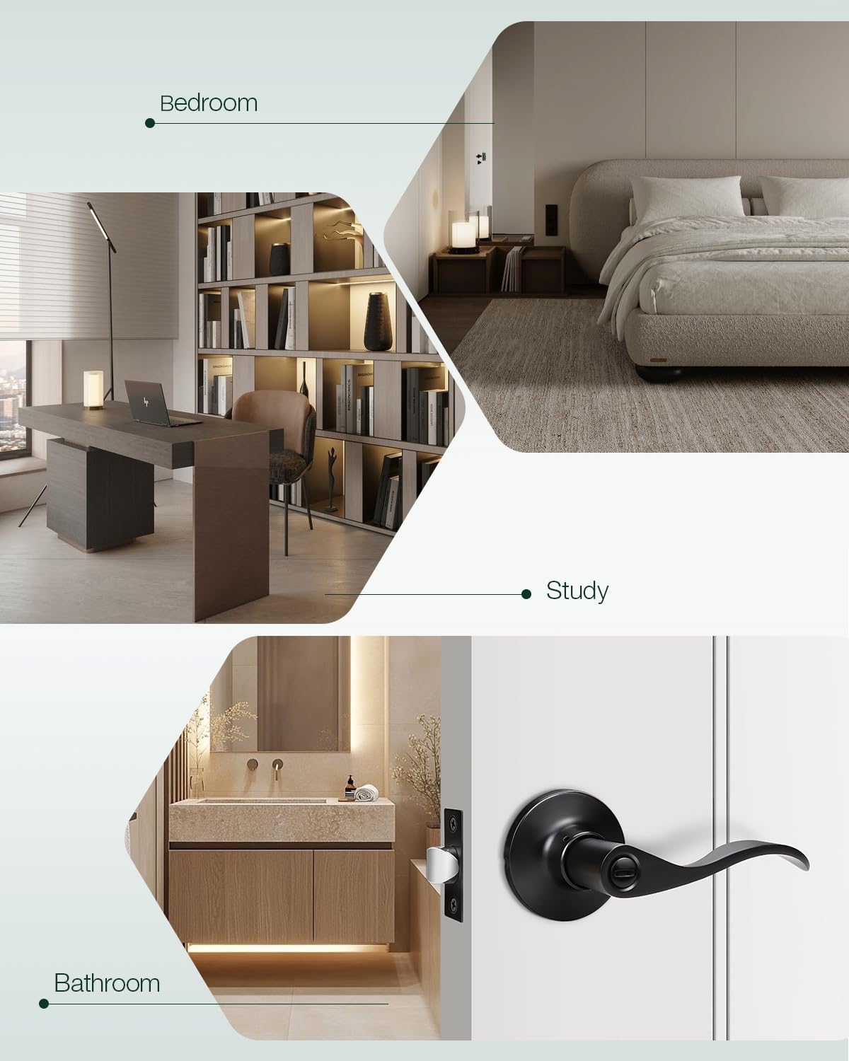 GOBEKOR 1 Pack Interior Privacy Door Handle with Lock Matte Black Door Lever for Bathroom and Bedroom Wave Style Door Handle Indoor Matte Black Reversible Keyless Turn Lock