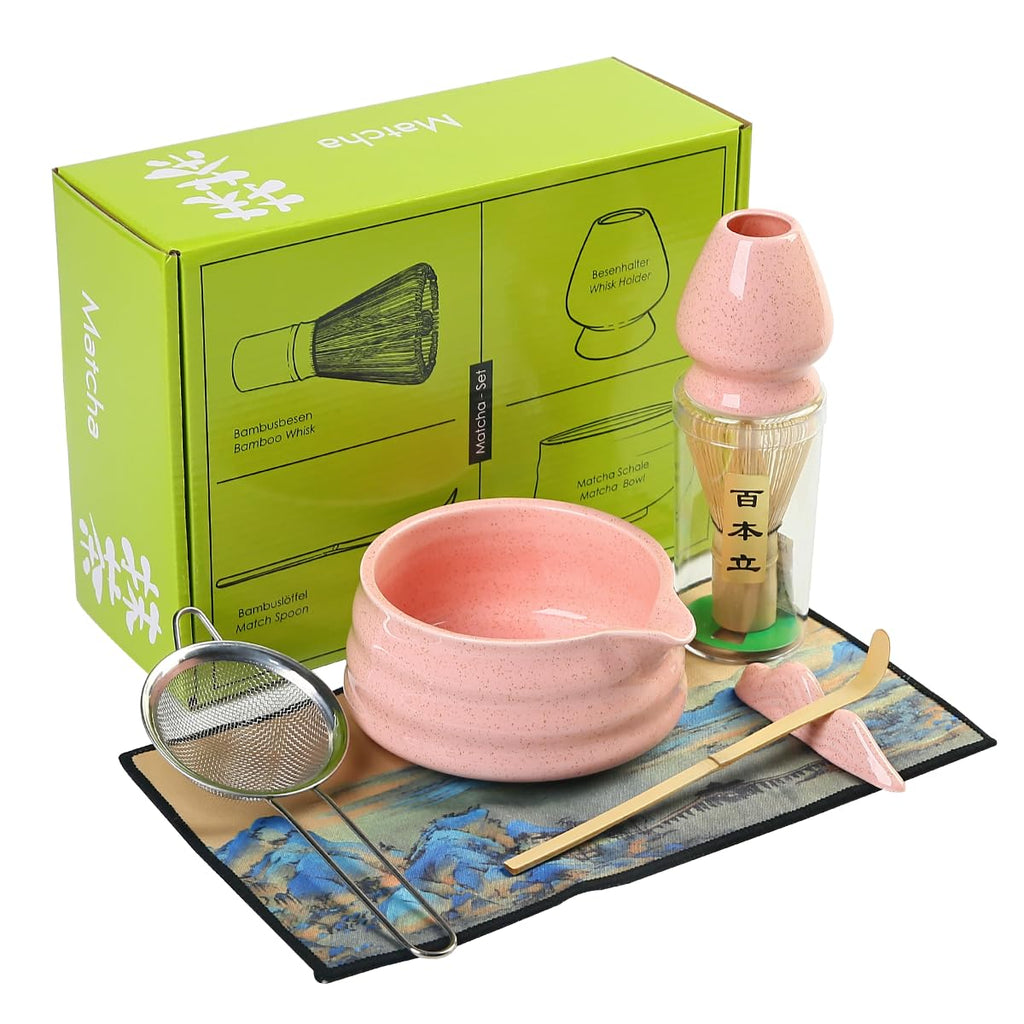 Matcha Tea Ceremony Set with Pink Ceramic Bowl, Bamboo Whisk, Strainer and Mat, 7-Piece Traditional Japanese Style