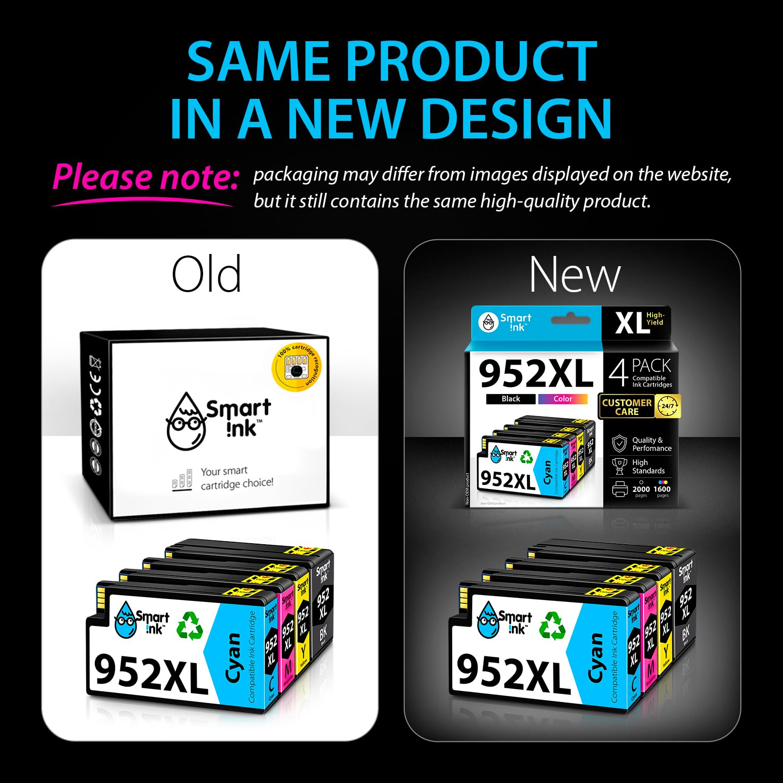Smart Ink Compatible Ink Cartridge Replacement for HP 952 952XL (4 Combo Pack) Advanced Chip Technology to use with OfficeJet 8702 OfficeJet Pro 7720 7740 8210 8216 8710 8715 8720 8725 8728 8730 8745