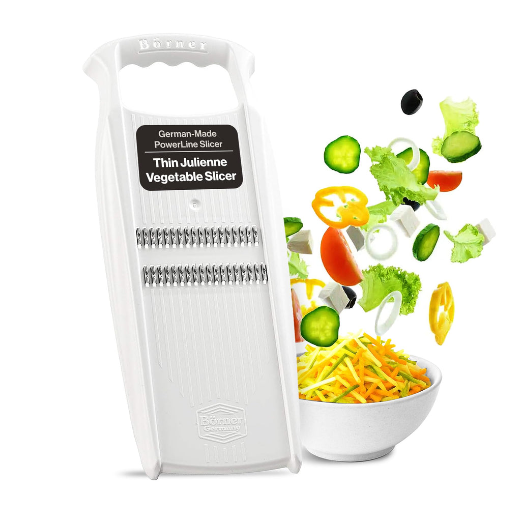 Swissmar Börner Powerline Thin Julienne Vegetable Slicer – Precision Mandoline Slicer for Potatoes, Zucchini, & Hard Fruits - Perfect for Vegetable Salad – Essential Kitchen Gadgets - White