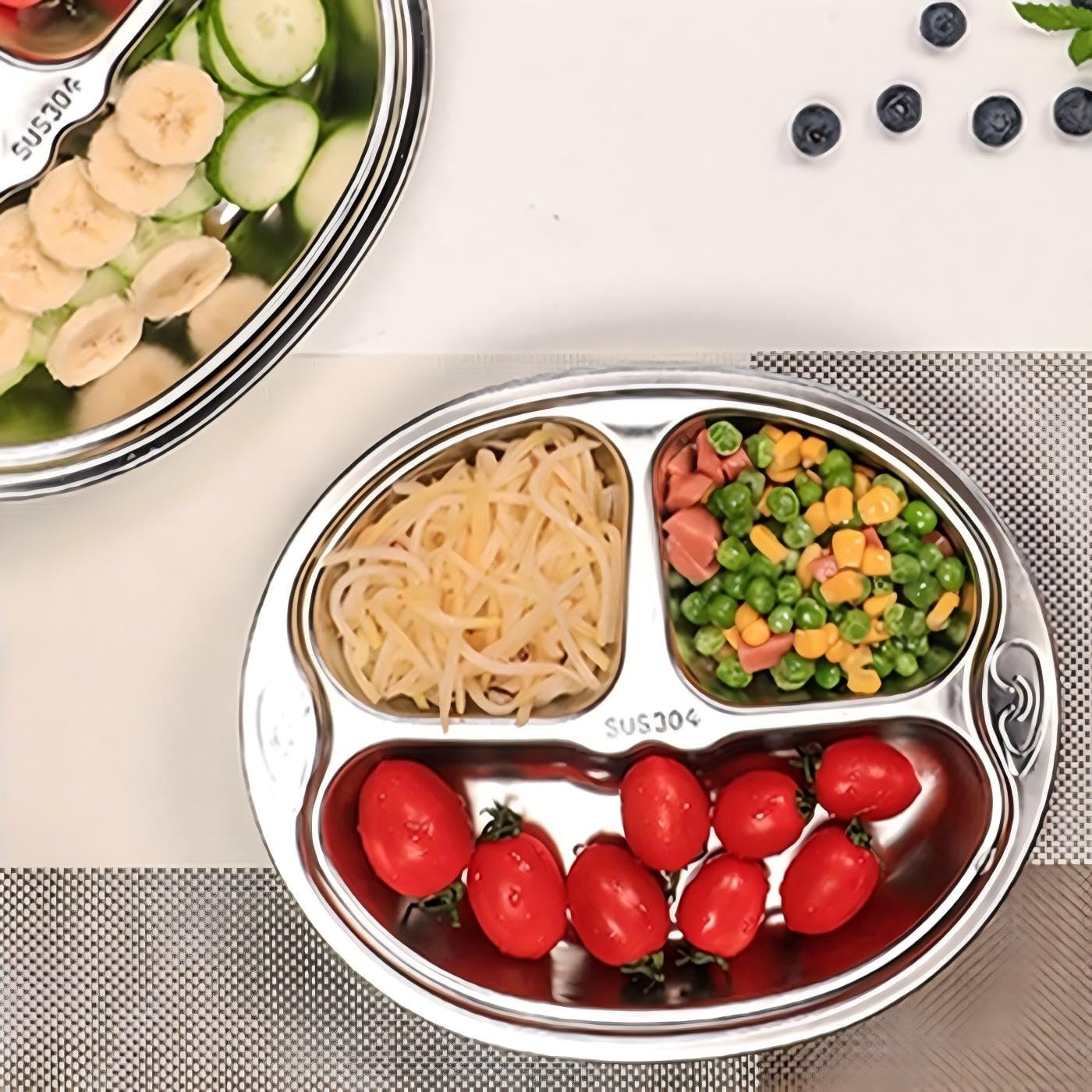 SOUJOY 4 Pack Stainless Steel Divided Plate, 3 Sections Diet Control Dinner Plate, Unbreakable Monkey Shape Compact Food Serving Tray for Kids, Picky Eaters, Campers
