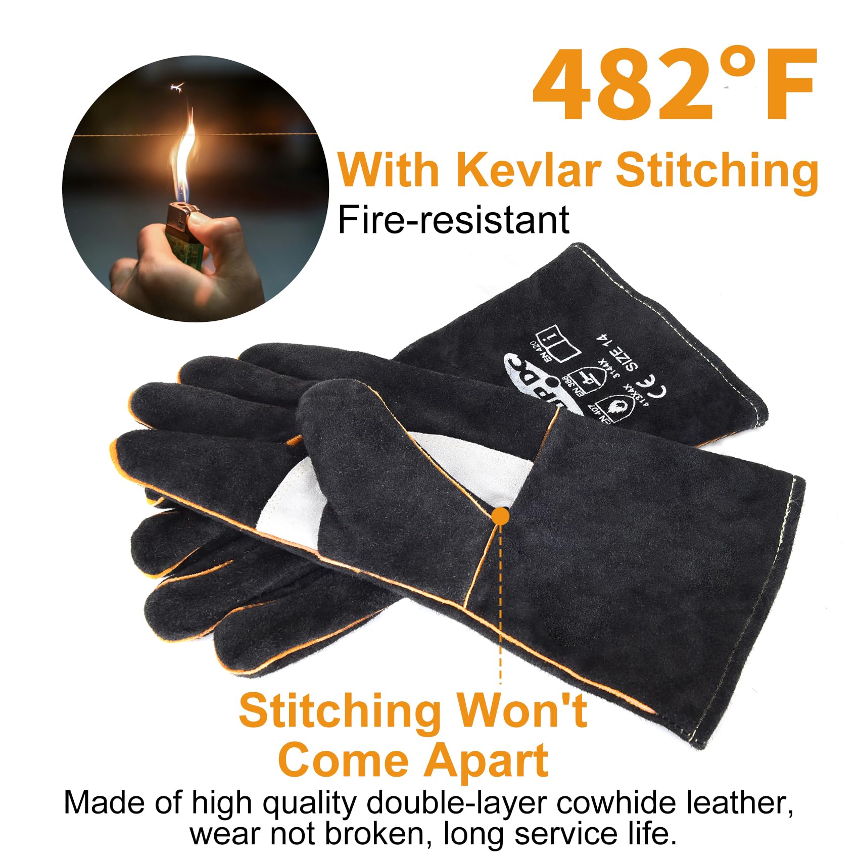TOPDC Welding Gloves 14 Inches Fire/Heat Resistant Leather For Mig,Tig,Stick,Forge,BBQ,Grill, Fireplace,Wood Stove, Furnace,Pot,Oven