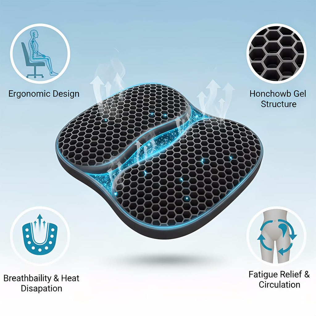Foldable Honeycomb Seat Cushion with Zipper & Handle, Portable Gel Seat Cushion with Ventilative Cover & Anti-Skid Bottom, Portable Butt Pillow for Chairs 15.8x13.3x1.4 Inches (Black)