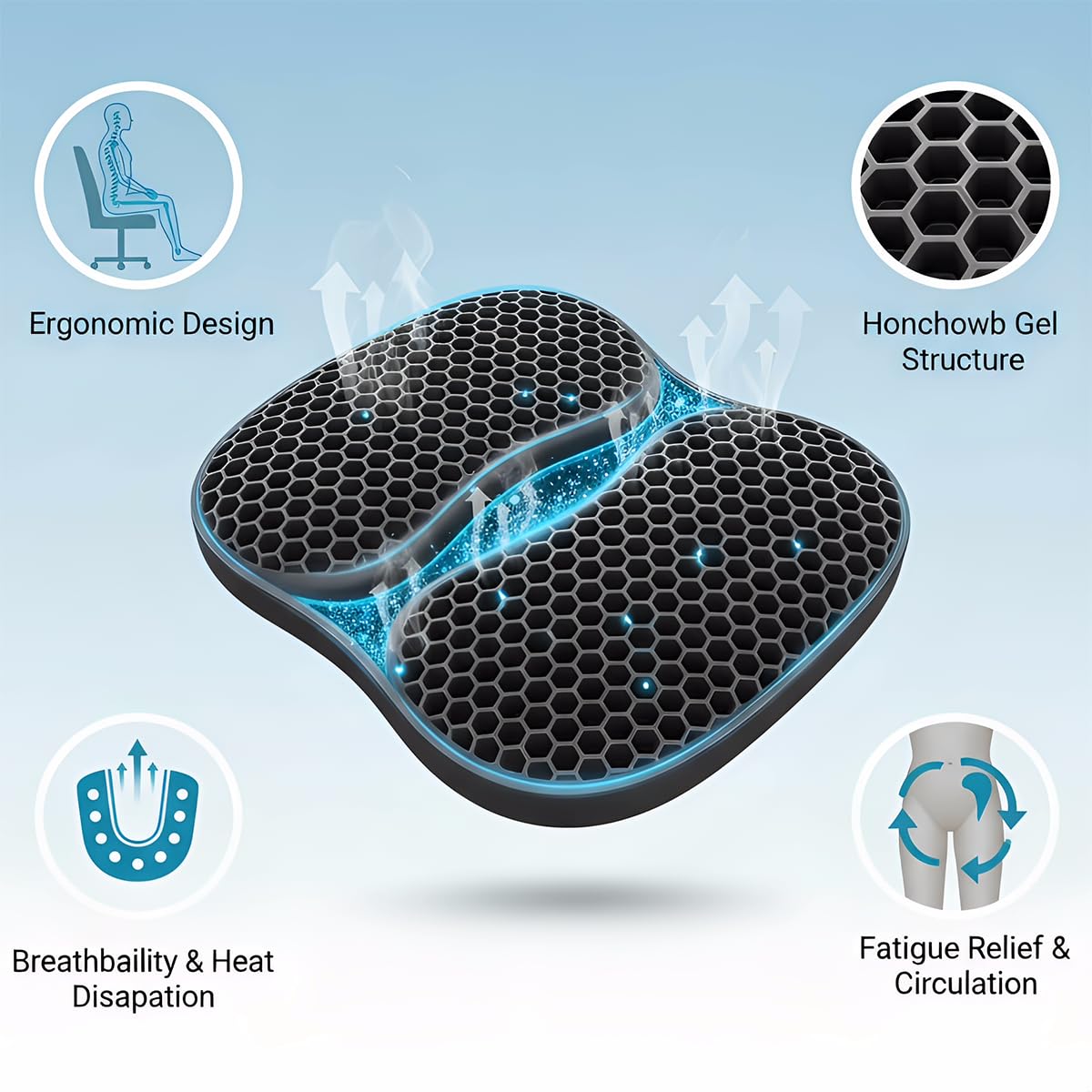 Foldable Honeycomb Seat Cushion with Zipper & Handle, Portable Gel Seat Cushion with Ventilative Cover & Anti-Skid Bottom, Portable Butt Pillow for Chairs 15.8x13.3x1.4 Inches (Black)