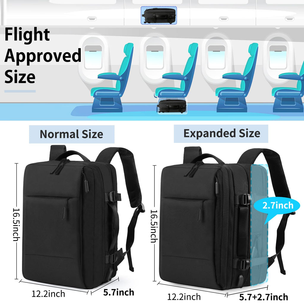 Travel Backpack 15.6 inch Flight Approved Carry On Luggage Backpack Expandable Laptop Backpack for Men Women Business Overnight Weekender College Backpack with USB Charging Port, Black