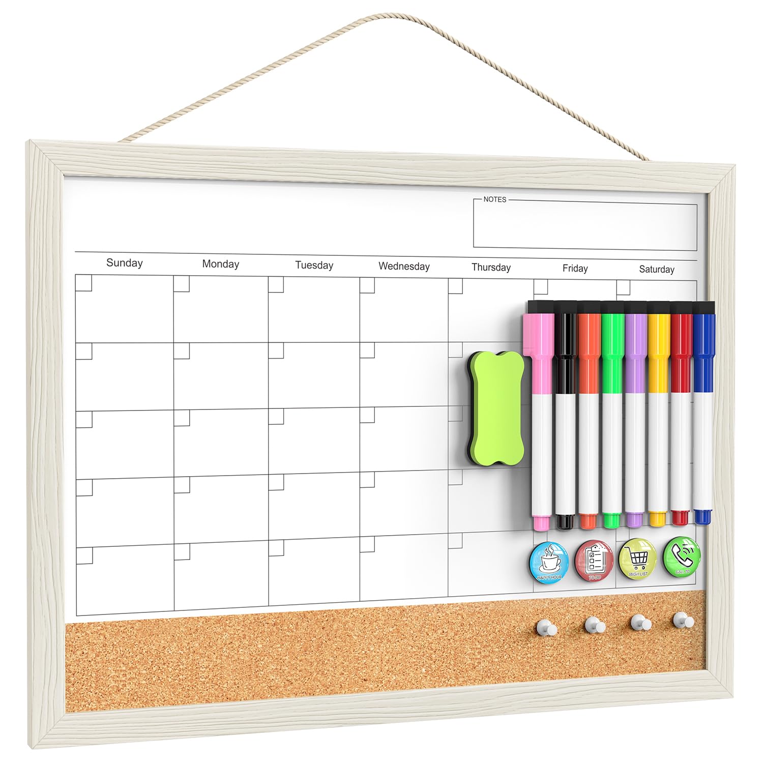TANKEE 17"x13" Whiteboard Calendar Cork Board Combo, Magnetic White Board Monthly Calendar with Wood Framed, Hanging Dry Erase Board for Kitchen Home Office Planner