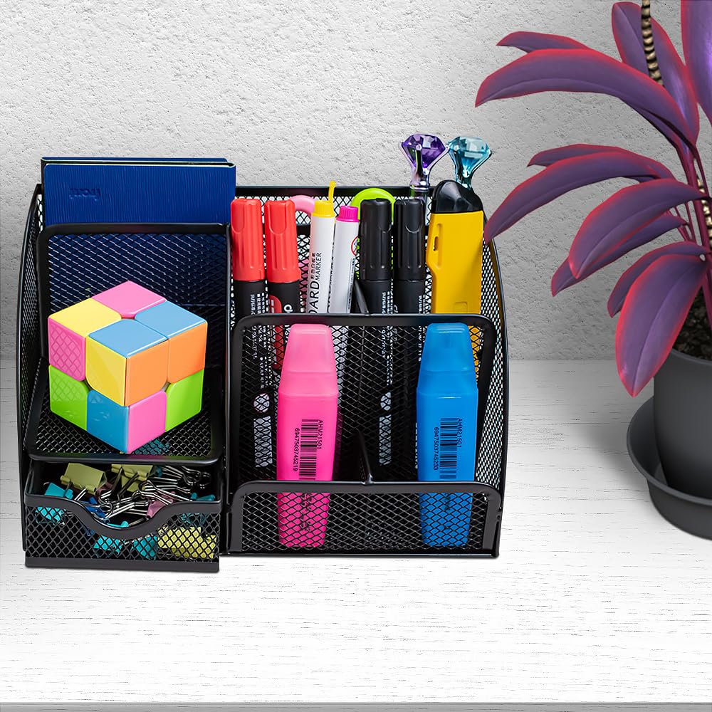 Desk Organizer with Drawer and Multi-Compartment Design for Office Supplies, Cosmetics, and Home Accessories-Steel Mesh